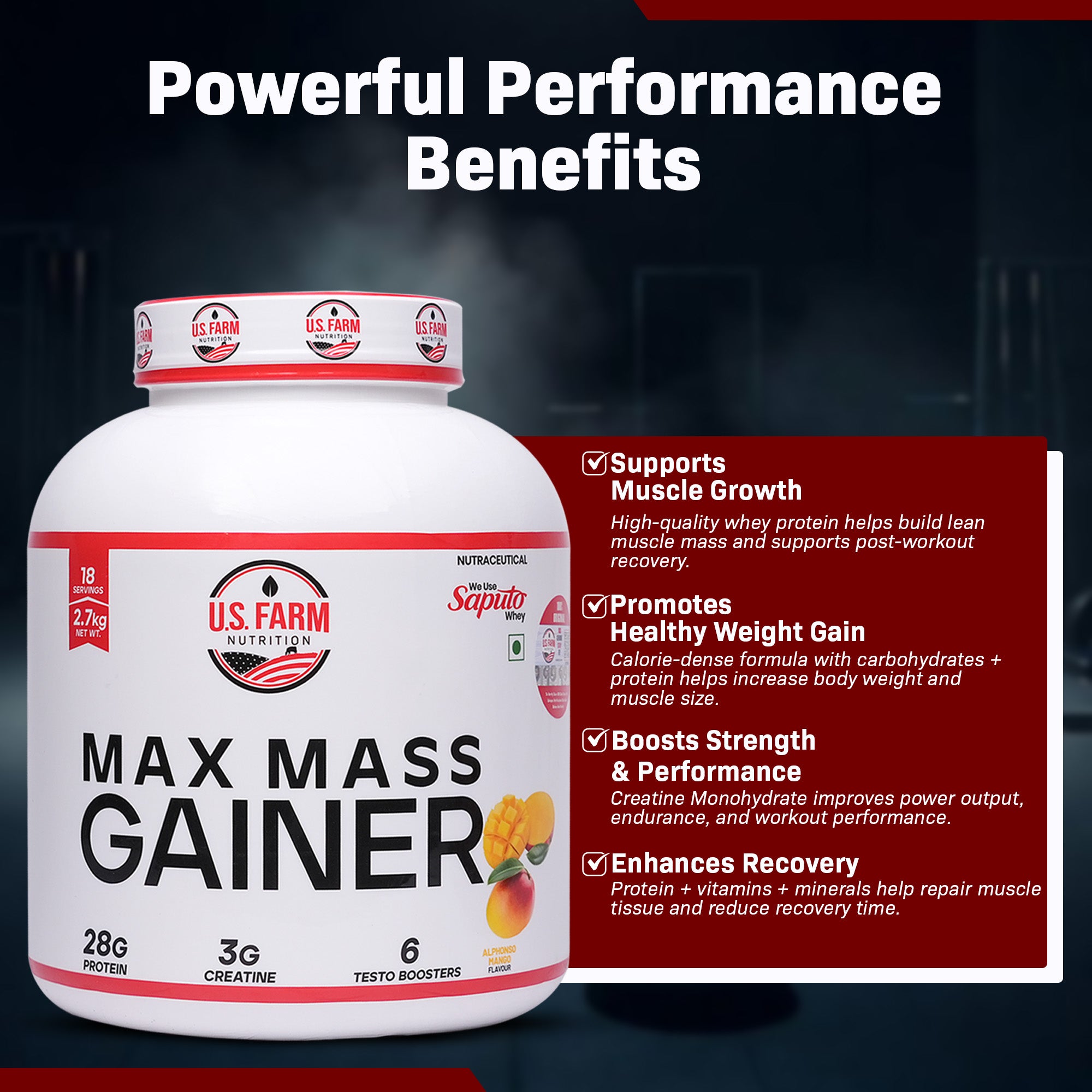 U.S. Farm Max Mass Gainer (18 Servings, 2.7 kg) | Alphonso Mango