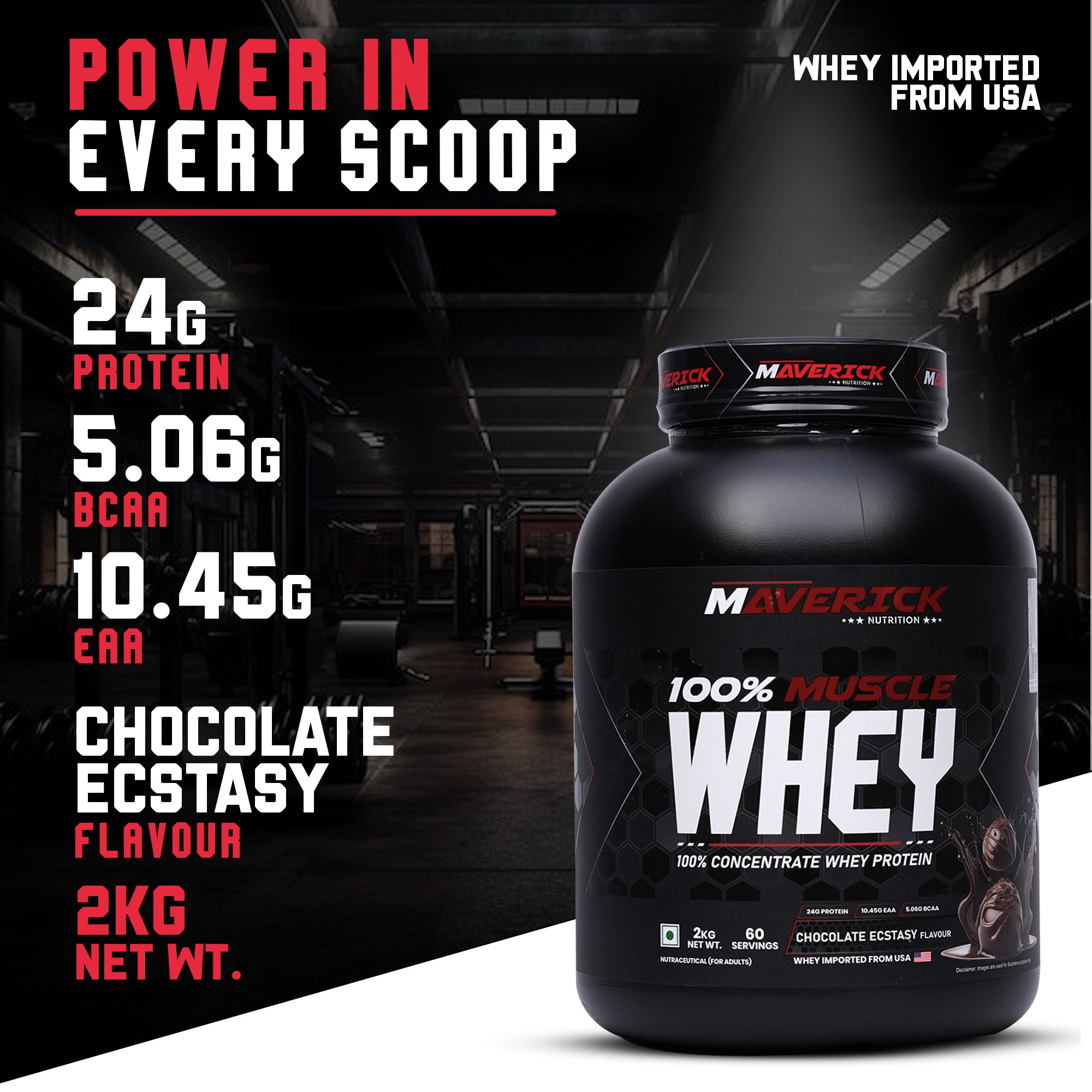 Maverick Nutrition 100% Muscle Whey Protein (60 Servings, 2kg) | Chocolate Ecstasy Flavour