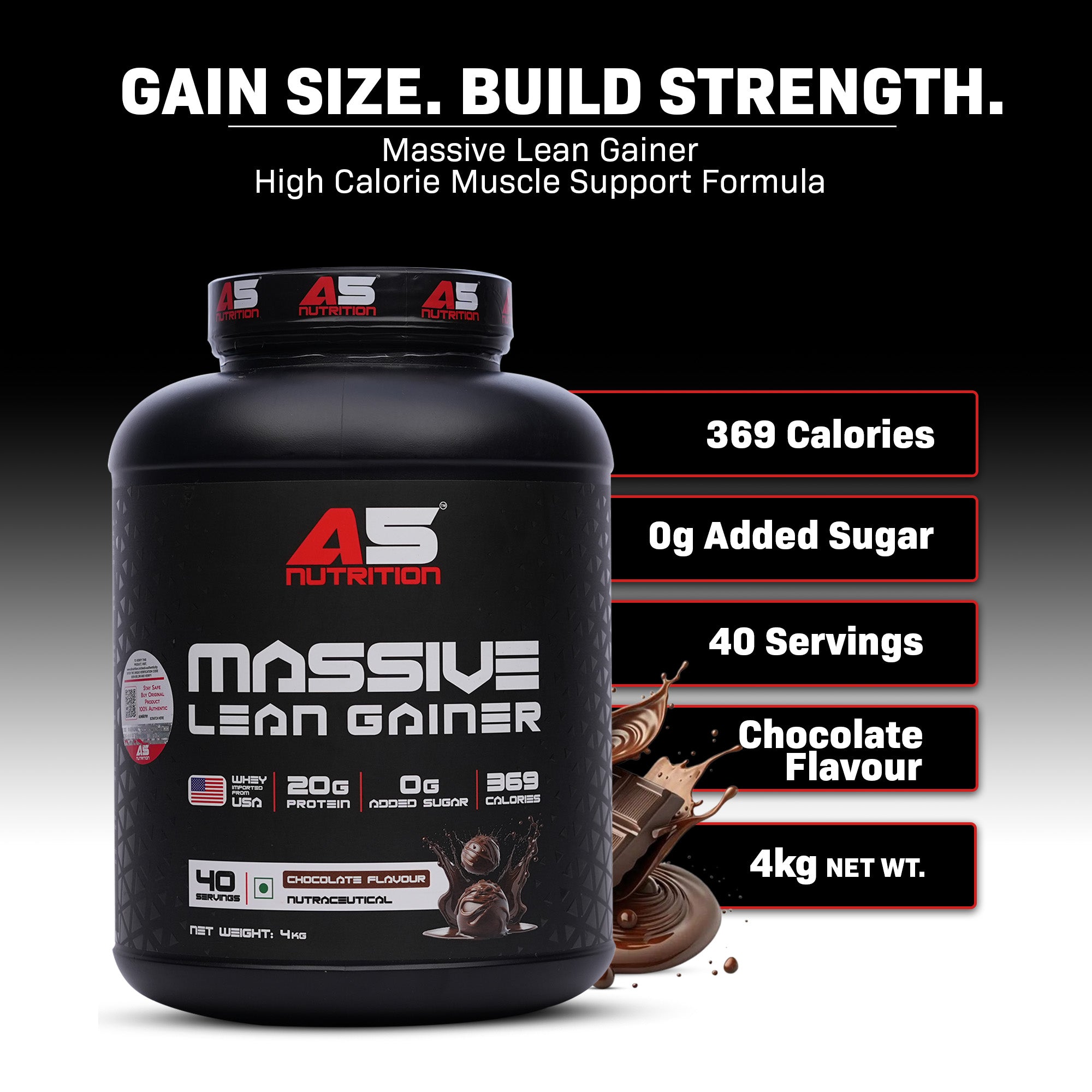 A5 Nutrition Massive Lean Gainer (40 Servings, 4kg) | Chocolate Flavour