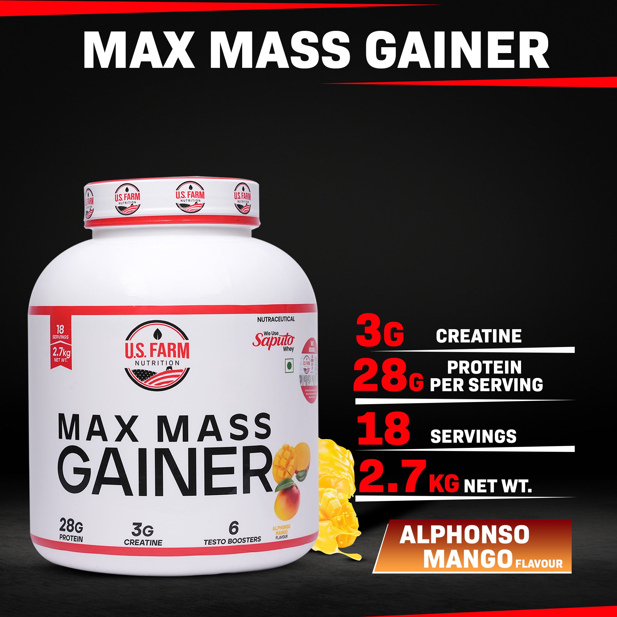 U.S. Farm Max Mass Gainer (18 Servings, 2.7 kg) | Alphonso Mango