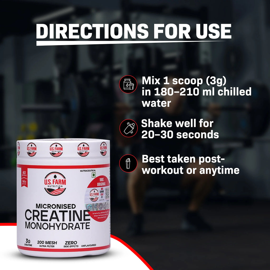 U.S. Farm Micronised Creatine Monohydrate (60 Servings, 180g) | Unflavoured