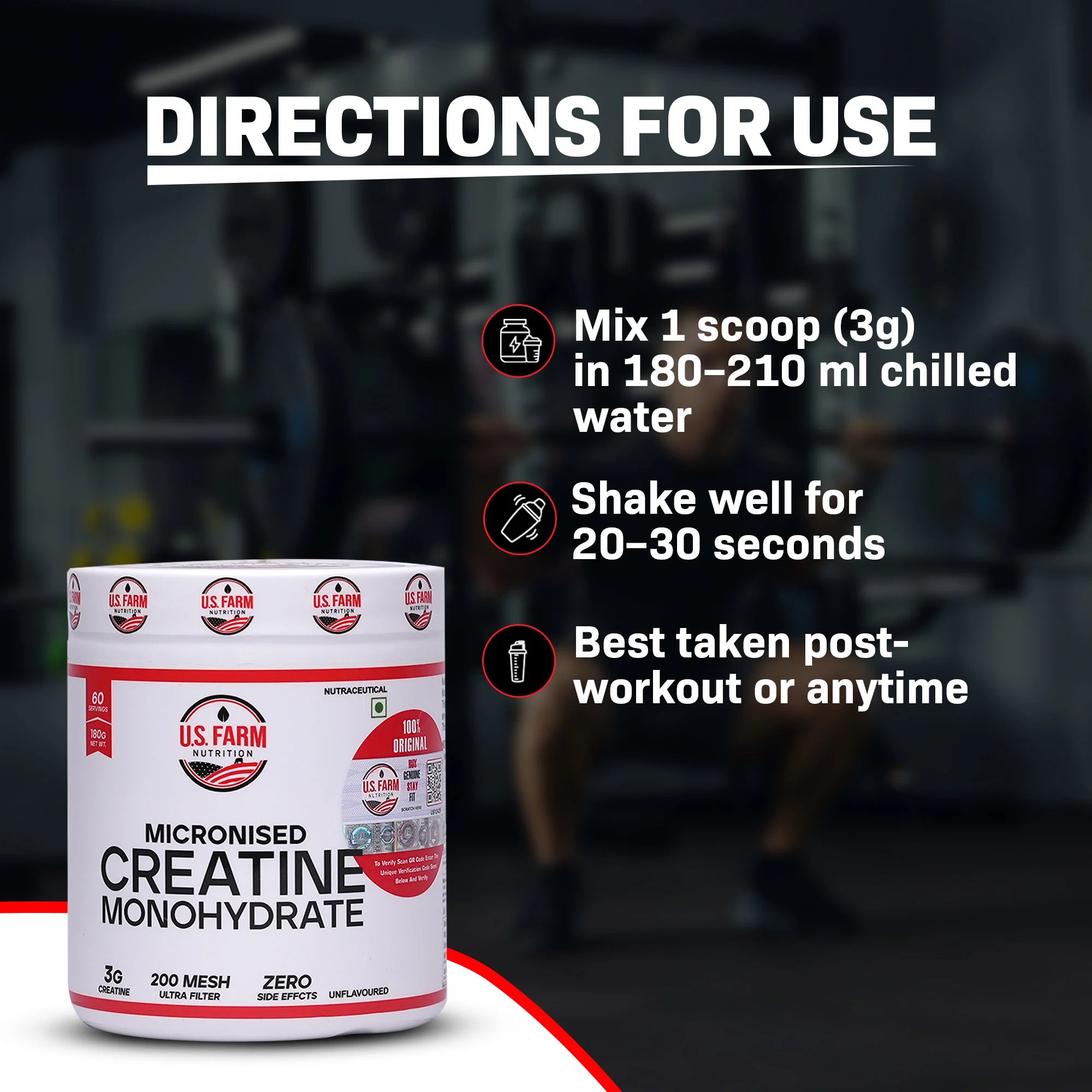 U.S. Farm Micronised Creatine Monohydrate (60 Servings, 180g) | Unflavoured