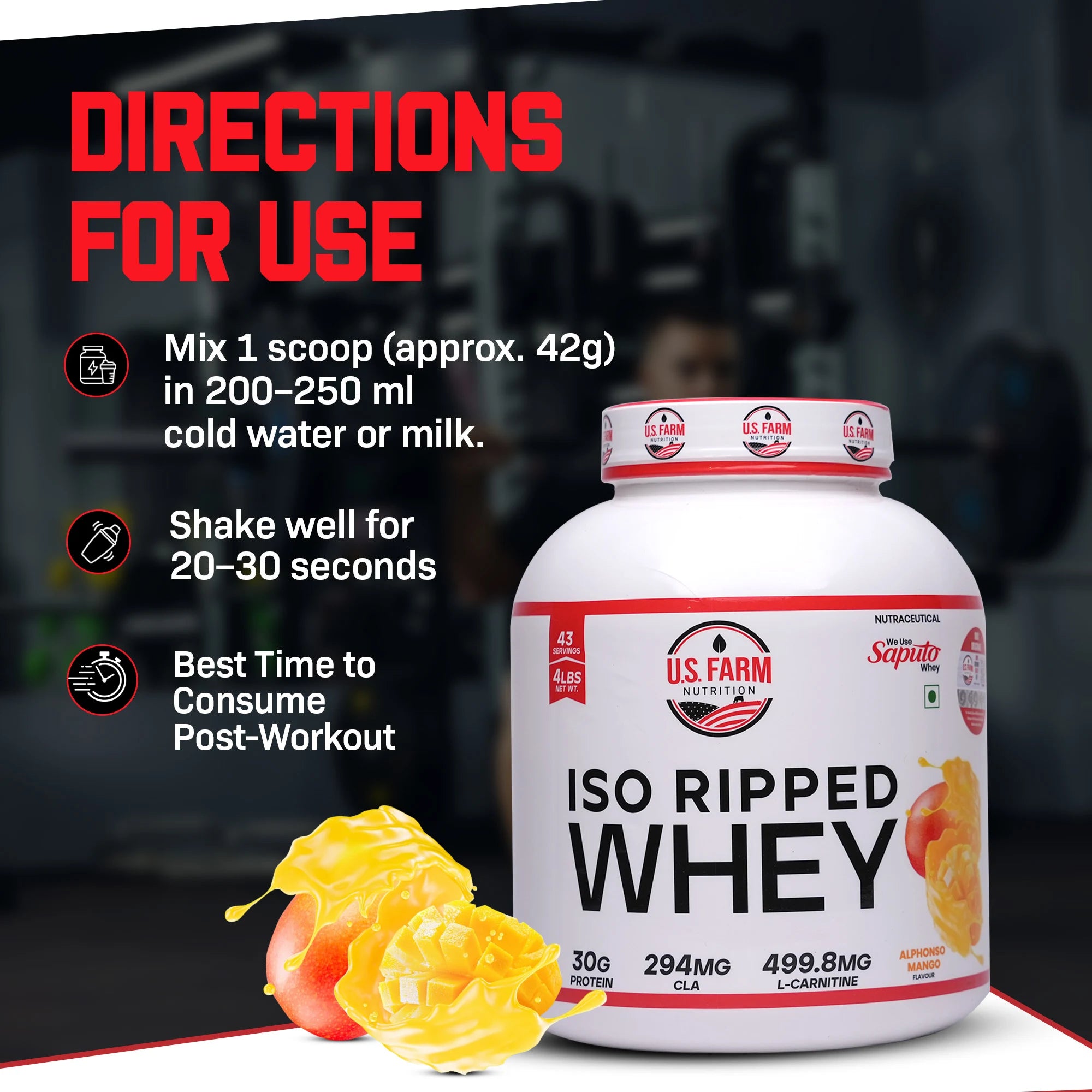 U.S. Farm ISO Ripped Whey Protein (43 Servings, 4 lbs) | Alphonso Mango