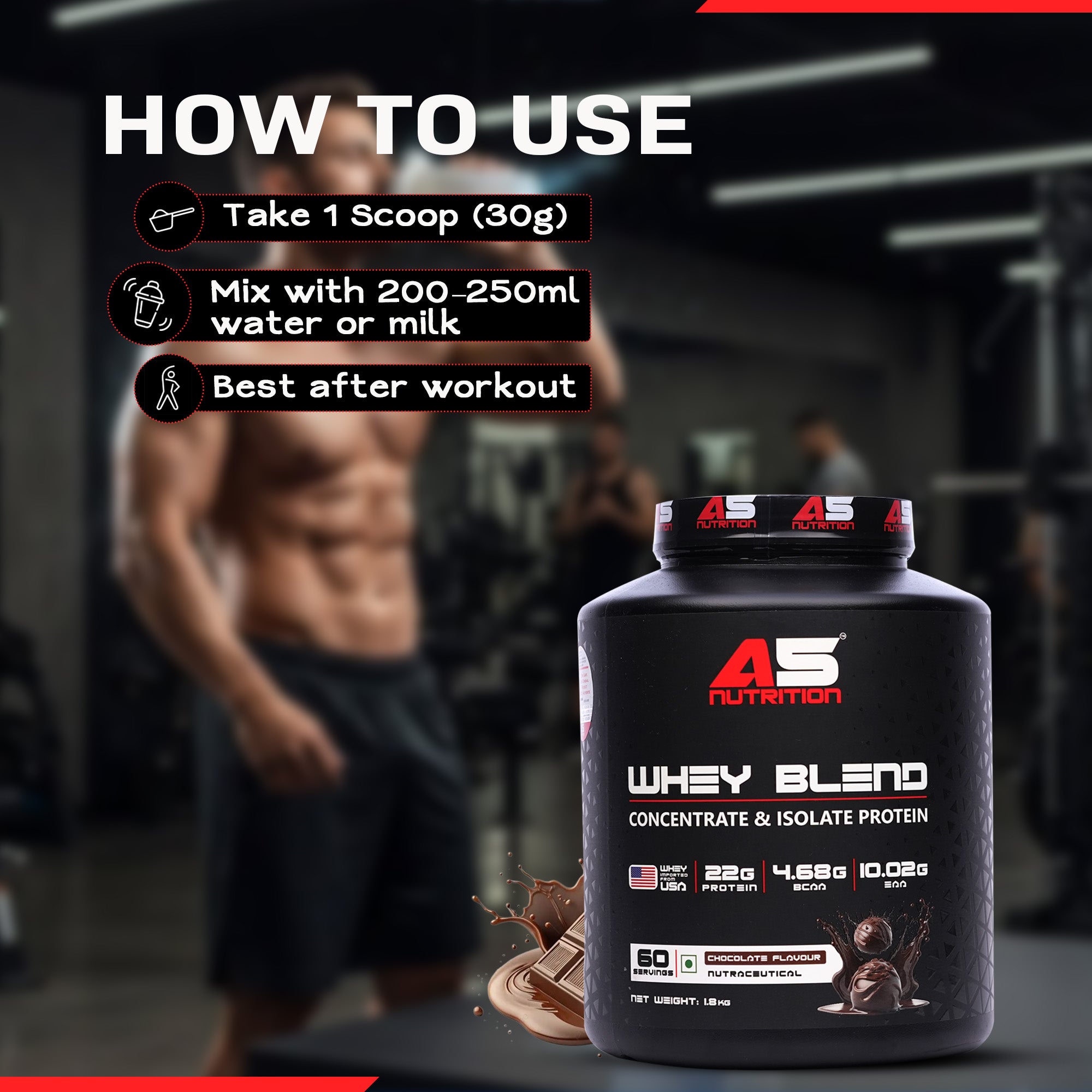 A5 Nutrition Whey Blend Protein (1.8 kg, 60 Servings) | Chocolate Flavour | Whey Concentrate & Isolate