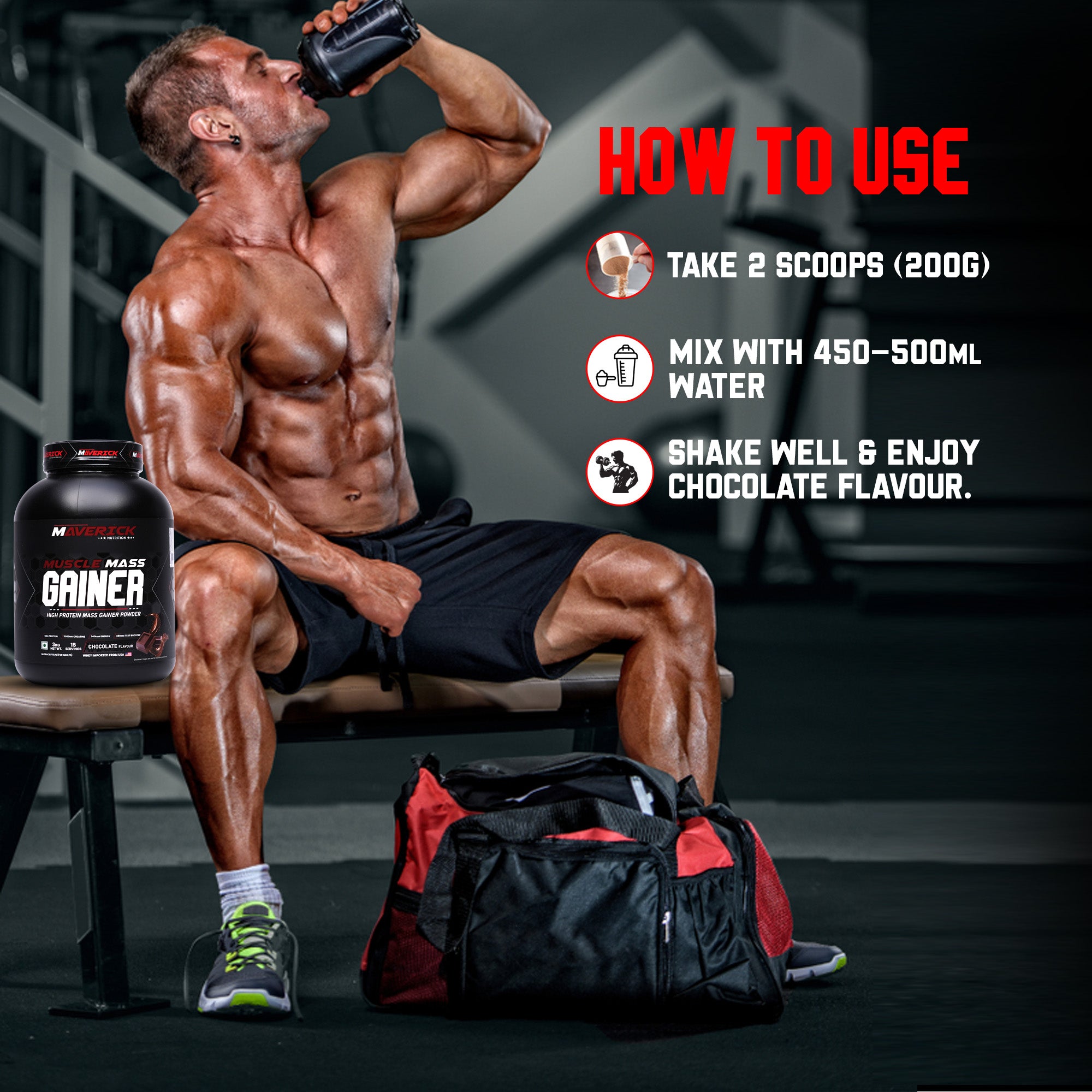 Maverick Nutrition Muscle Mass Gainer (15 Servings, 3kg) | Chocolate Flavour | High Protein Mass Gainer Powder