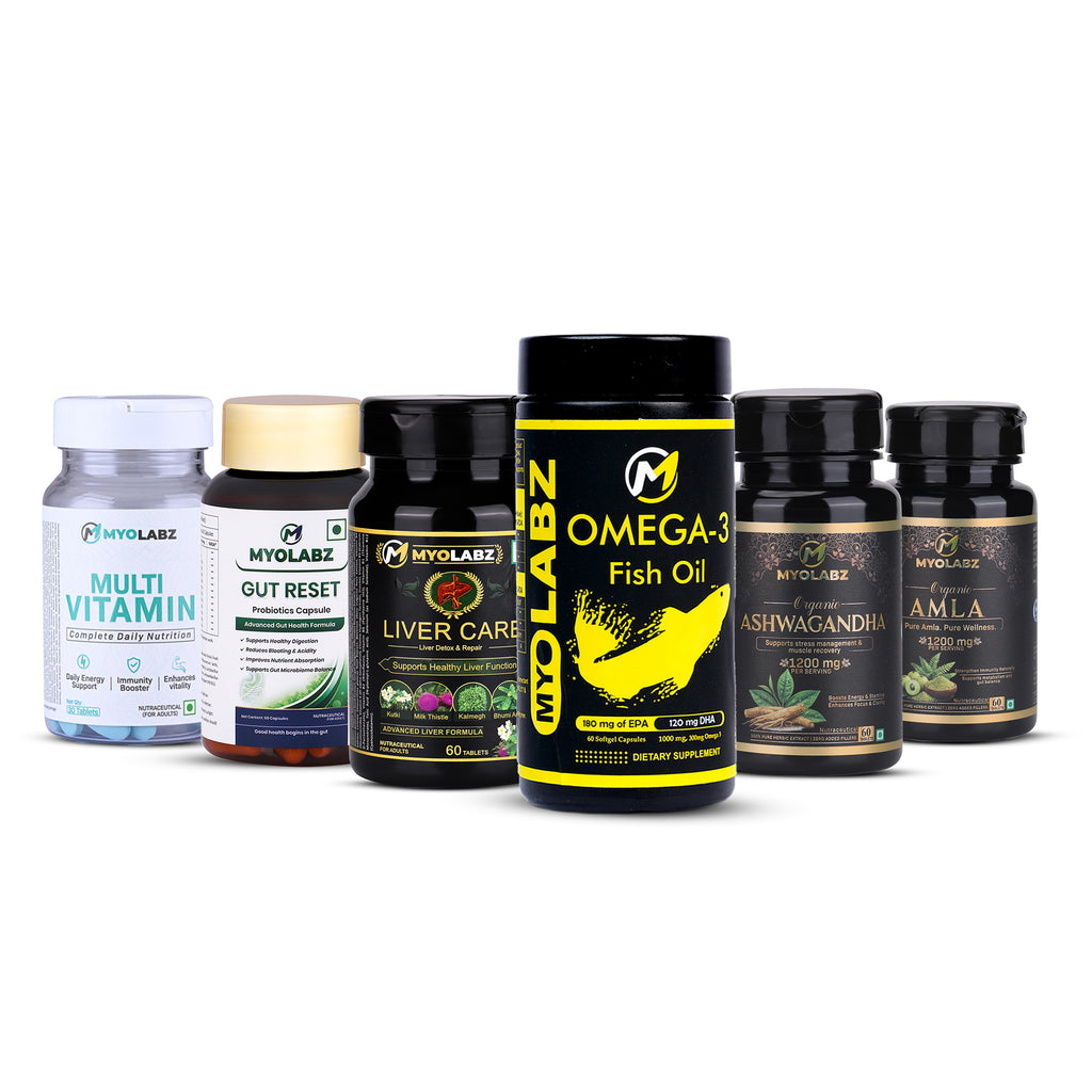 35-PRODUCT COMPLETE FAMILY WELLNESS PACK — MYOLABZ Multivitamin Blue 30 Tablets × 10 • MYOLABZ Omega-3 60 Capsules × 5 • MYOLABZ Gut Reset 60 Capsules × 5 • MYOLABZ Liver Care 60 Tablets × 5 • MYOLABZ Amla 1200 mg × 5 • MYOLABZ Moringa 1200 mg × 5