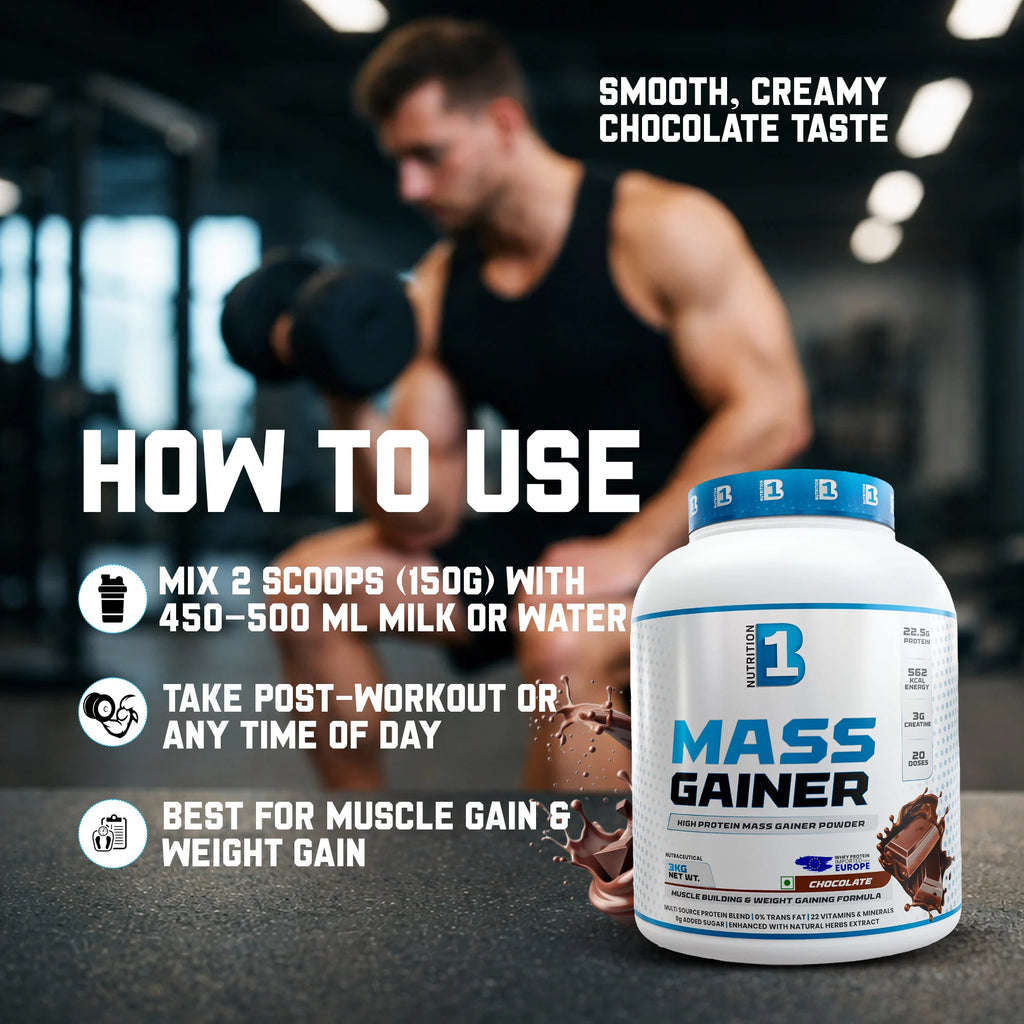 B1 Nutrition Mass Gainer Powder (3 kg, 20 Servings) | Chocolate & Mango Flavours