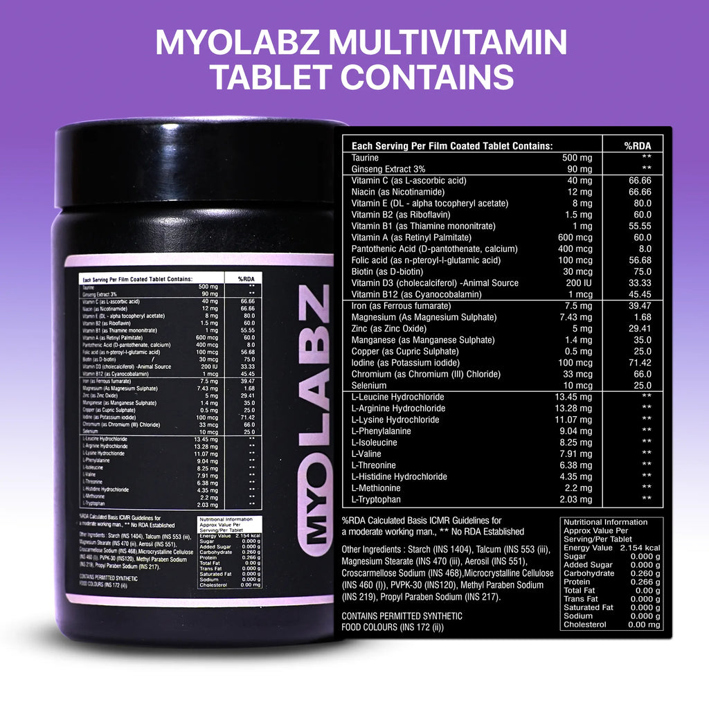 Myolabz Multivitamin Tablets (30 Tablets) | Vitamins, Minerals, Amino Acids with Ginseng