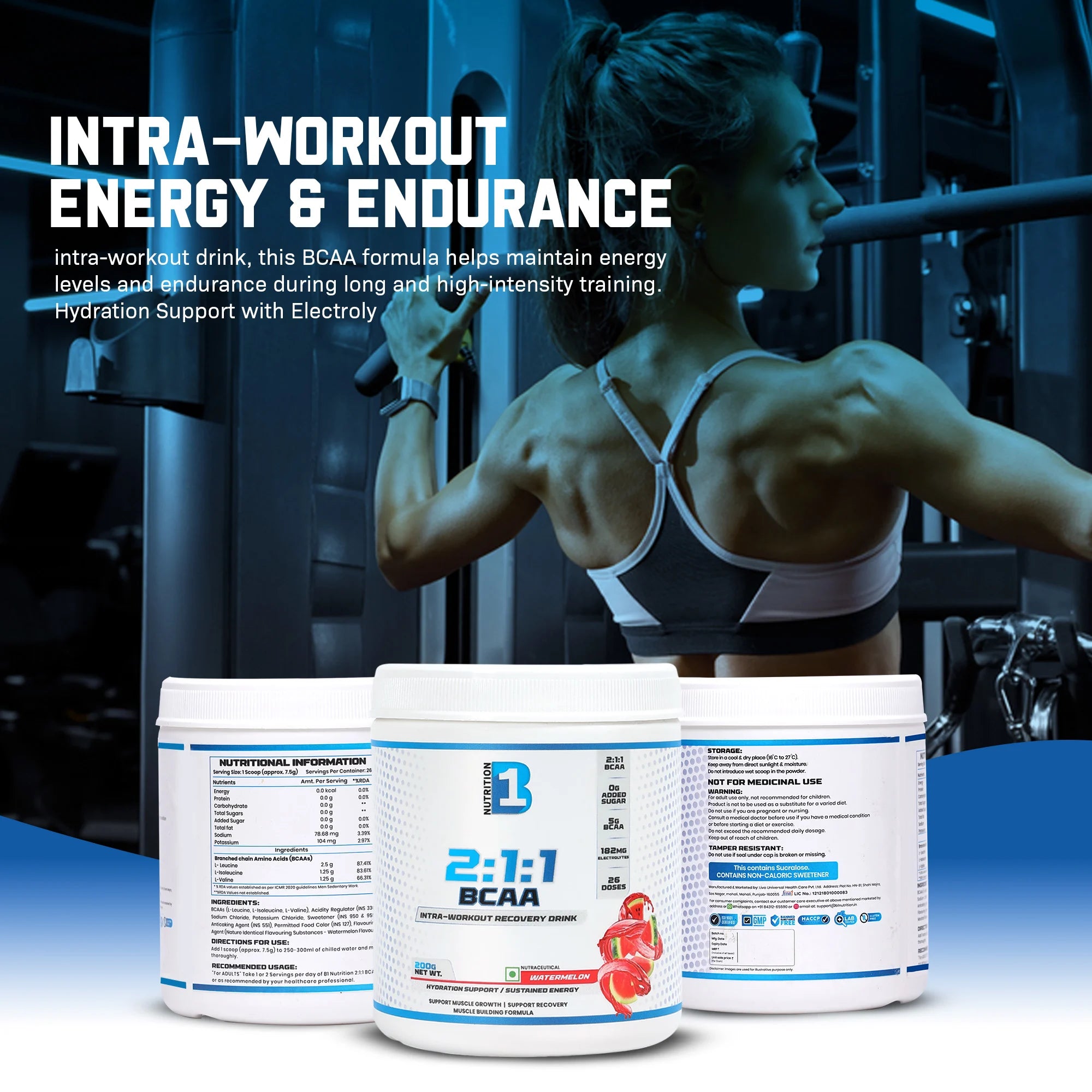 B1 Nutrition BCAA 2:1:1 Intra-Workout Drink (Watermelon Flavour, 200 g)