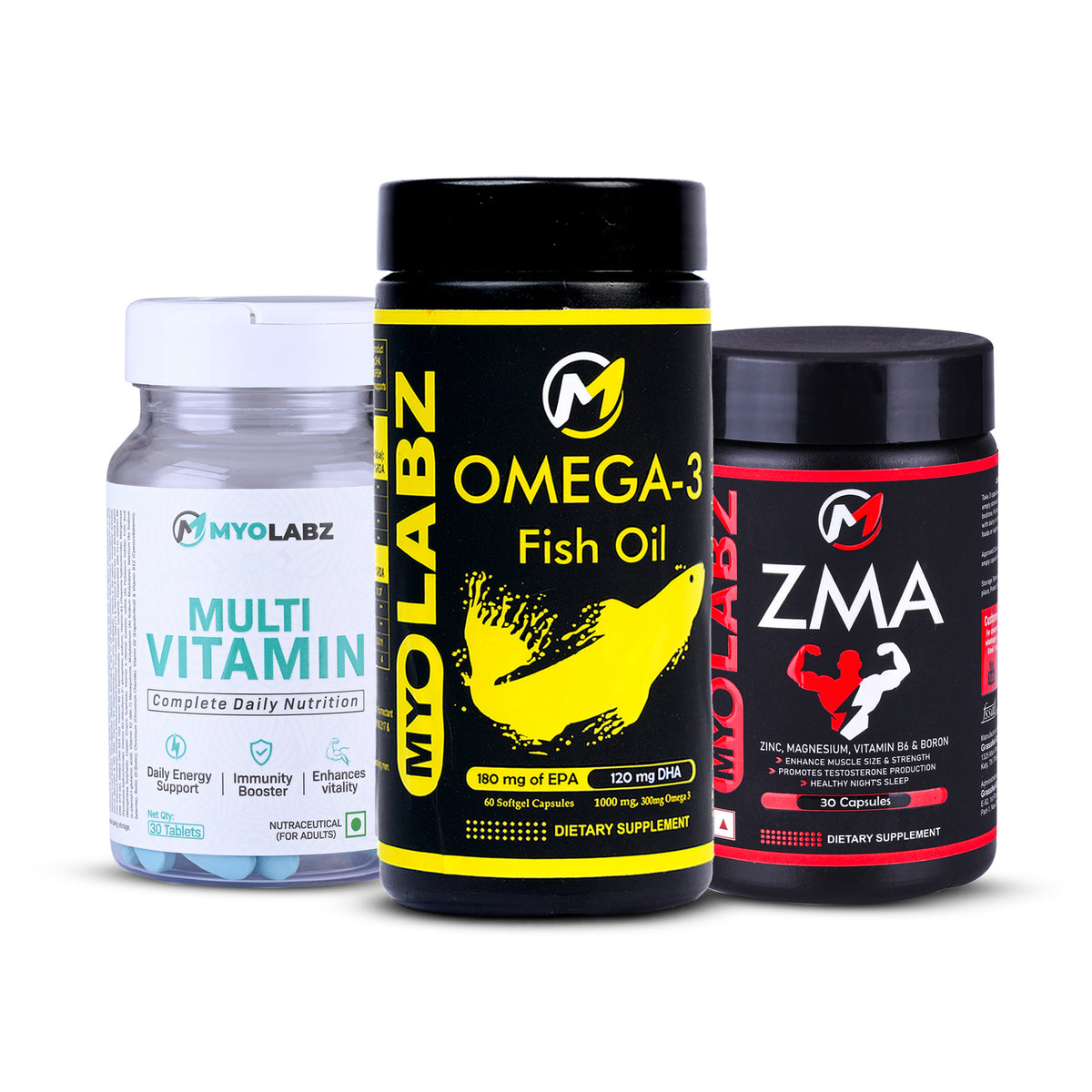45-PRODUCT DAILY FITNESS ESSENTIALS PACK — MYOLABZ Multivitamin Blue 30 Tablets × 15 • MYOLABZ Omega-3 60 Capsules × 15 • MYOLABZ ZMA 30 Capsules × 15