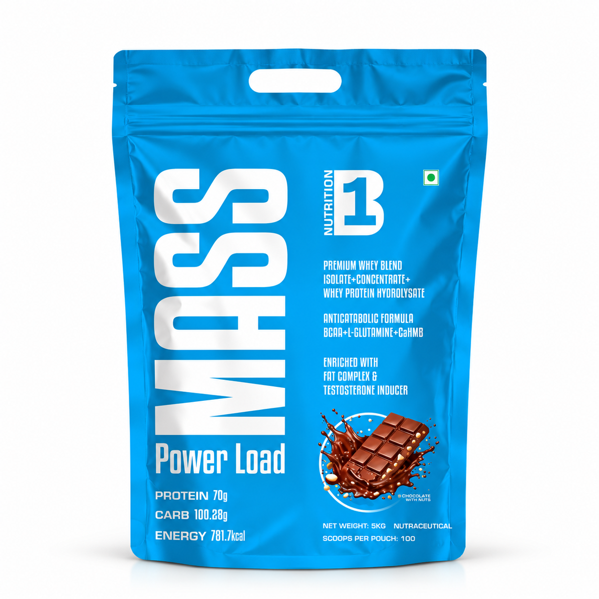 Nutrition B1 MASS Power Load Mass Gainer 5kg | 70g Protein & 781 kcal per Serving | Whey Isolate, Concentrate & Hydrolysate Blend | With Creatine, BCAA, Glutamine & CaHMB | Chocolate with Nuts | 25 Servings
