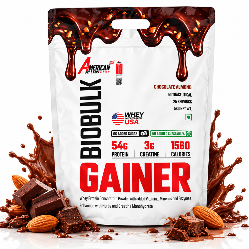 American Fit Labs BioBulk Gainer, Chocolate Almond, 5 kg (25 Servings) | 54g Protein & 3g Creatine per Serving | Whey Mass Gainer with Herbs, Vitamins, Minerals & Digestive Enzymes | 0g Added Sugar
