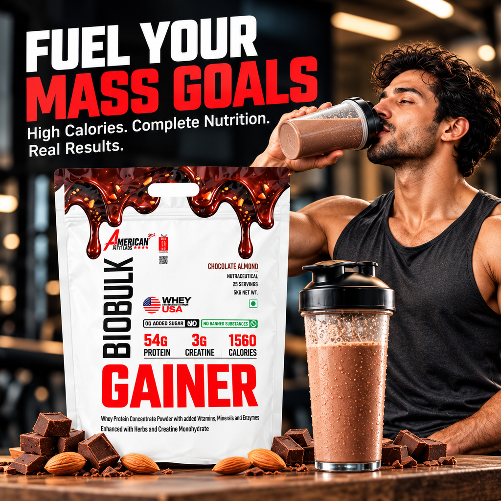 American Fit Labs BioBulk Gainer, Chocolate Almond, 5 kg (25 Servings) | 54g Protein & 3g Creatine per Serving | Whey Mass Gainer with Herbs, Vitamins, Minerals & Digestive Enzymes | 0g Added Sugar