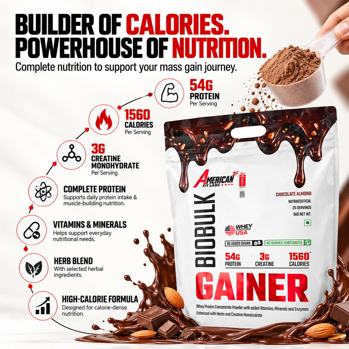American Fit Labs BioBulk Gainer, Chocolate Almond, 5 kg (25 Servings) | 54g Protein & 3g Creatine per Serving | Whey Mass Gainer with Herbs, Vitamins, Minerals & Digestive Enzymes | 0g Added Sugar