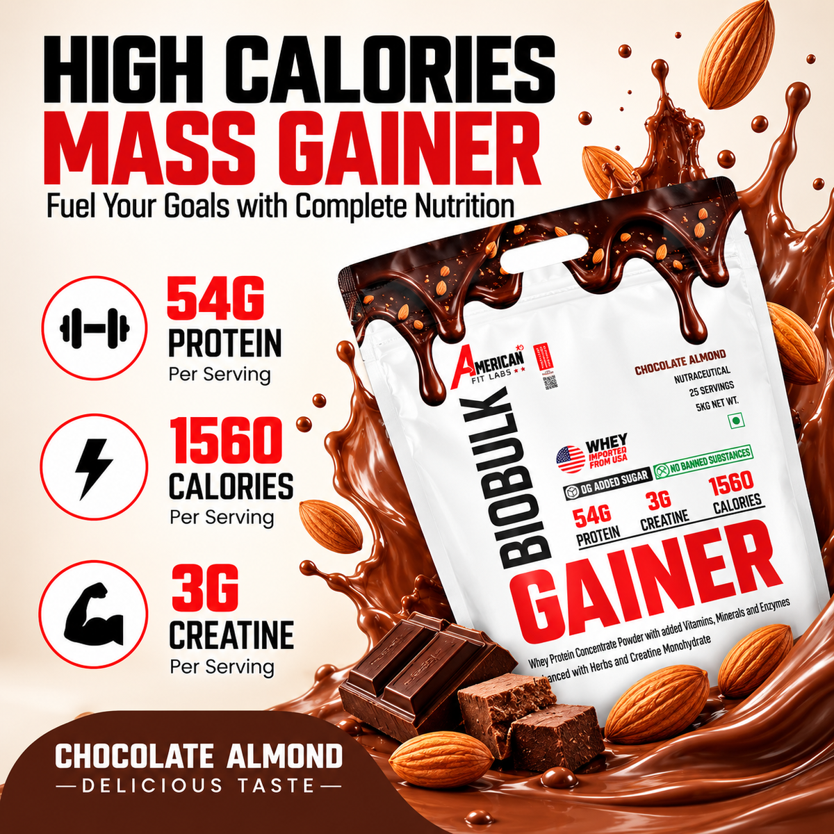 American Fit Labs BioBulk Gainer, Chocolate Almond, 5 kg (25 Servings) | 54g Protein & 3g Creatine per Serving | Whey Mass Gainer with Herbs, Vitamins, Minerals & Digestive Enzymes | 0g Added Sugar