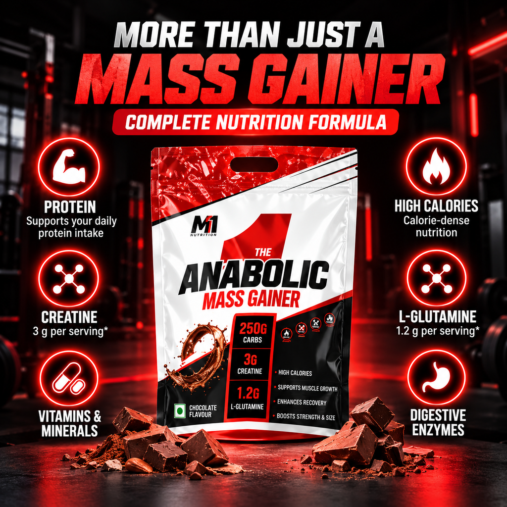 Mark 1 Nutrition The Anabolic Mass Gainer, Chocolate with Nuts, 5 kg (17 Servings) | 99.7g Protein, 3g Creatine & 1.2g L-Glutamine per Serving | Whey Gainer with MCT, Vitamins, Minerals & Digestive Enzymes | 0g Added Sugar