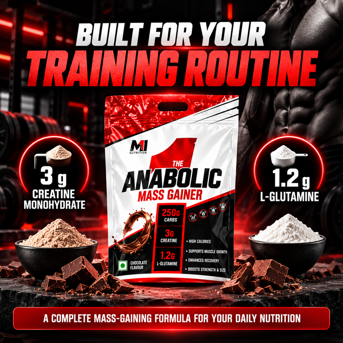 Mark 1 Nutrition The Anabolic Mass Gainer, Chocolate with Nuts, 5 kg (17 Servings) | 99.7g Protein, 3g Creatine & 1.2g L-Glutamine per Serving | Whey Gainer with MCT, Vitamins, Minerals & Digestive Enzymes | 0g Added Sugar