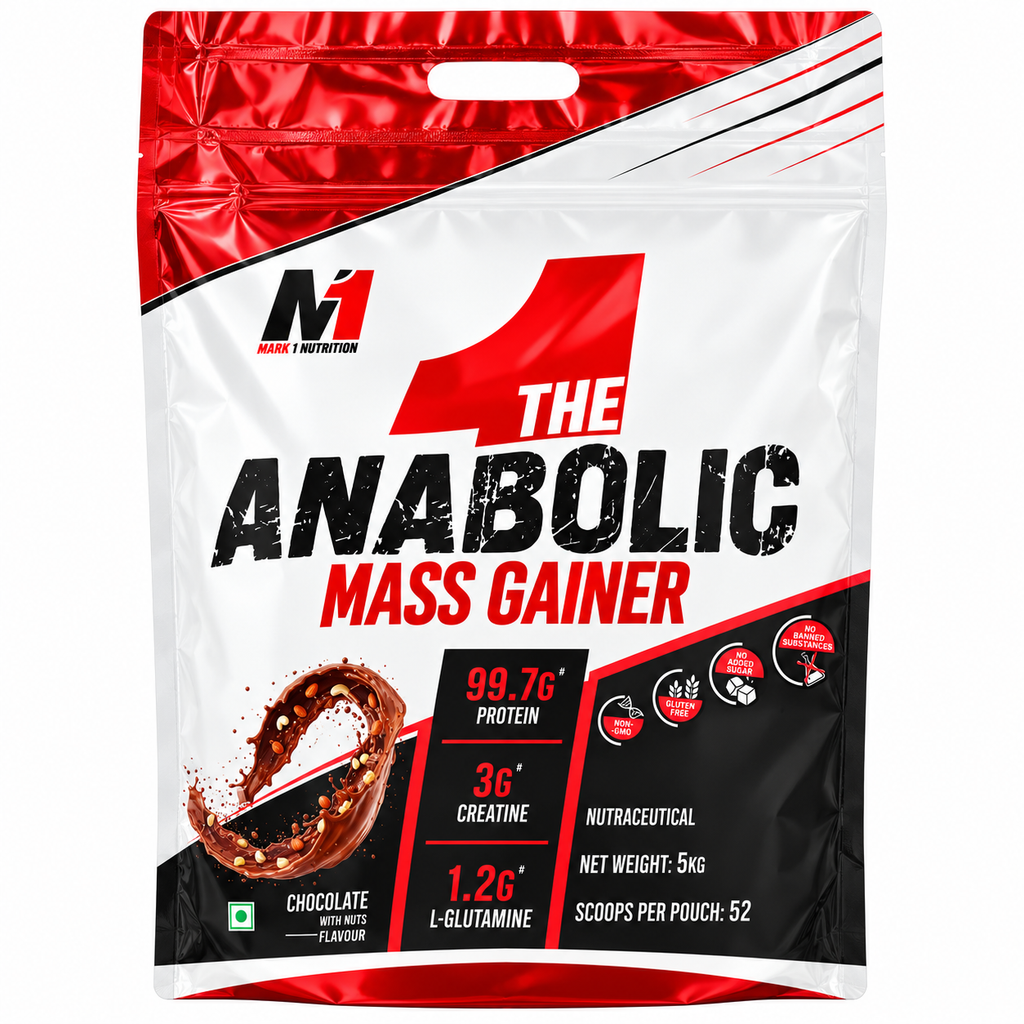 Mark 1 Nutrition The Anabolic Mass Gainer, Chocolate with Nuts, 5 kg (17 Servings) | 99.7g Protein, 3g Creatine & 1.2g L-Glutamine per Serving | Whey Gainer with MCT, Vitamins, Minerals & Digestive Enzymes | 0g Added Sugar