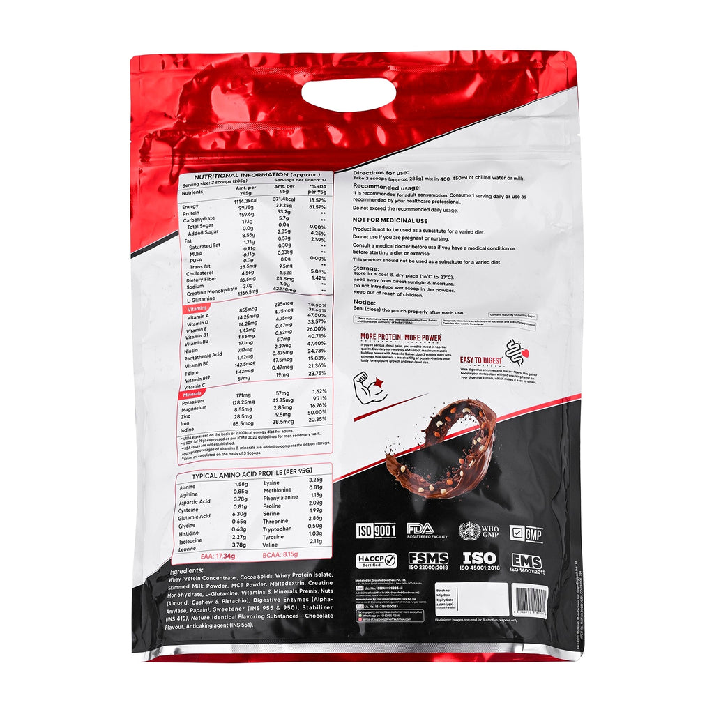 Mark 1 Nutrition The Anabolic Mass Gainer, Chocolate with Nuts, 5 kg (17 Servings) | 99.7g Protein, 3g Creatine & 1.2g L-Glutamine per Serving | Whey Gainer with MCT, Vitamins, Minerals & Digestive Enzymes | 0g Added Sugar