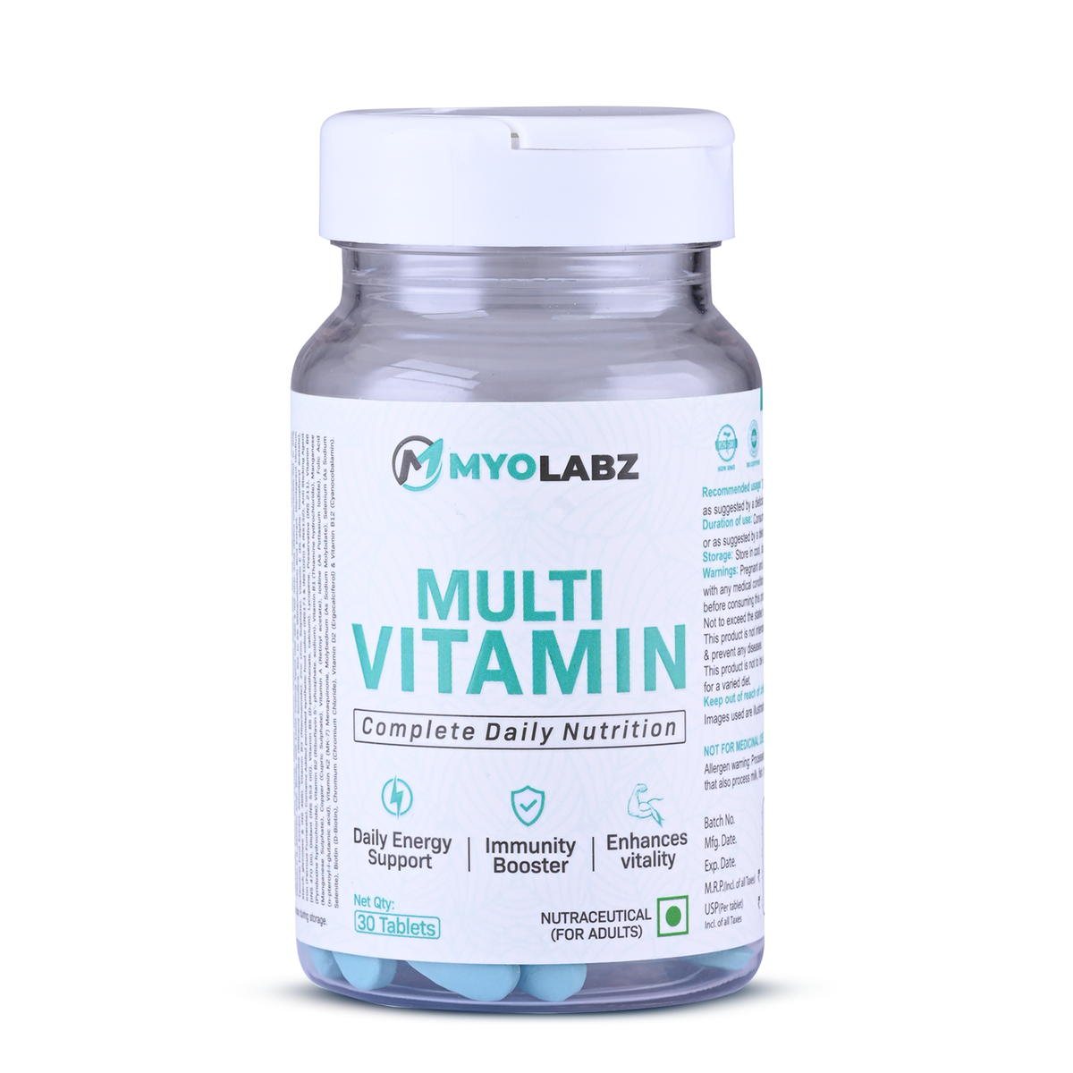 45-PRODUCT DAILY FITNESS ESSENTIALS PACK — MYOLABZ Multivitamin Blue 30 Tablets × 15 • MYOLABZ Omega-3 60 Capsules × 15 • MYOLABZ ZMA 30 Capsules × 15
