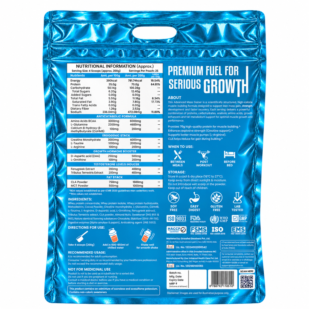 Nutrition B1 MASS Power Load Mass Gainer 5kg | 70g Protein & 781 kcal per Serving | Whey Isolate, Concentrate & Hydrolysate Blend | With Creatine, BCAA, Glutamine & CaHMB | Chocolate with Nuts | 25 Servings