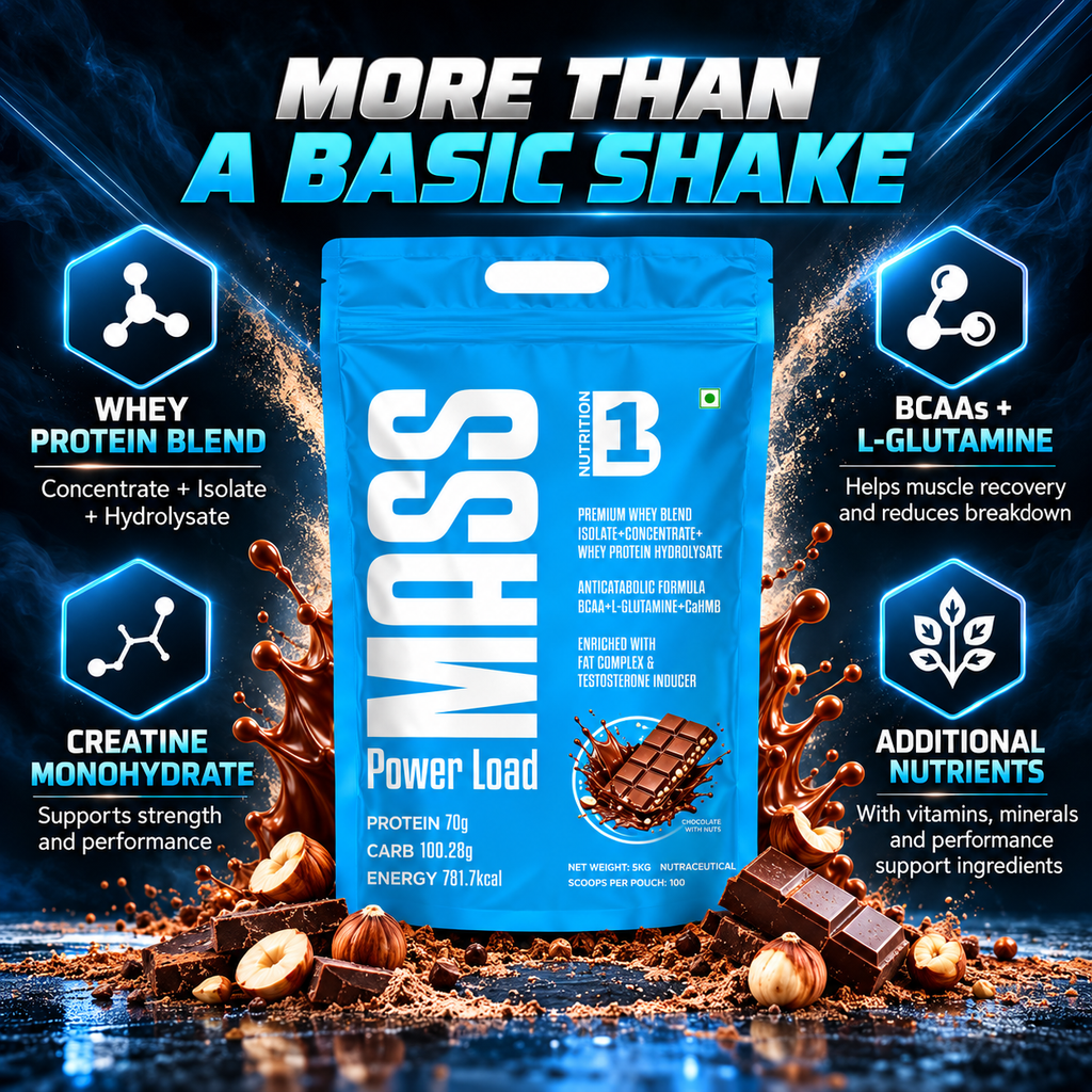 Nutrition B1 MASS Power Load Mass Gainer 5kg | 70g Protein & 781 kcal per Serving | Whey Isolate, Concentrate & Hydrolysate Blend | With Creatine, BCAA, Glutamine & CaHMB | Chocolate with Nuts | 25 Servings