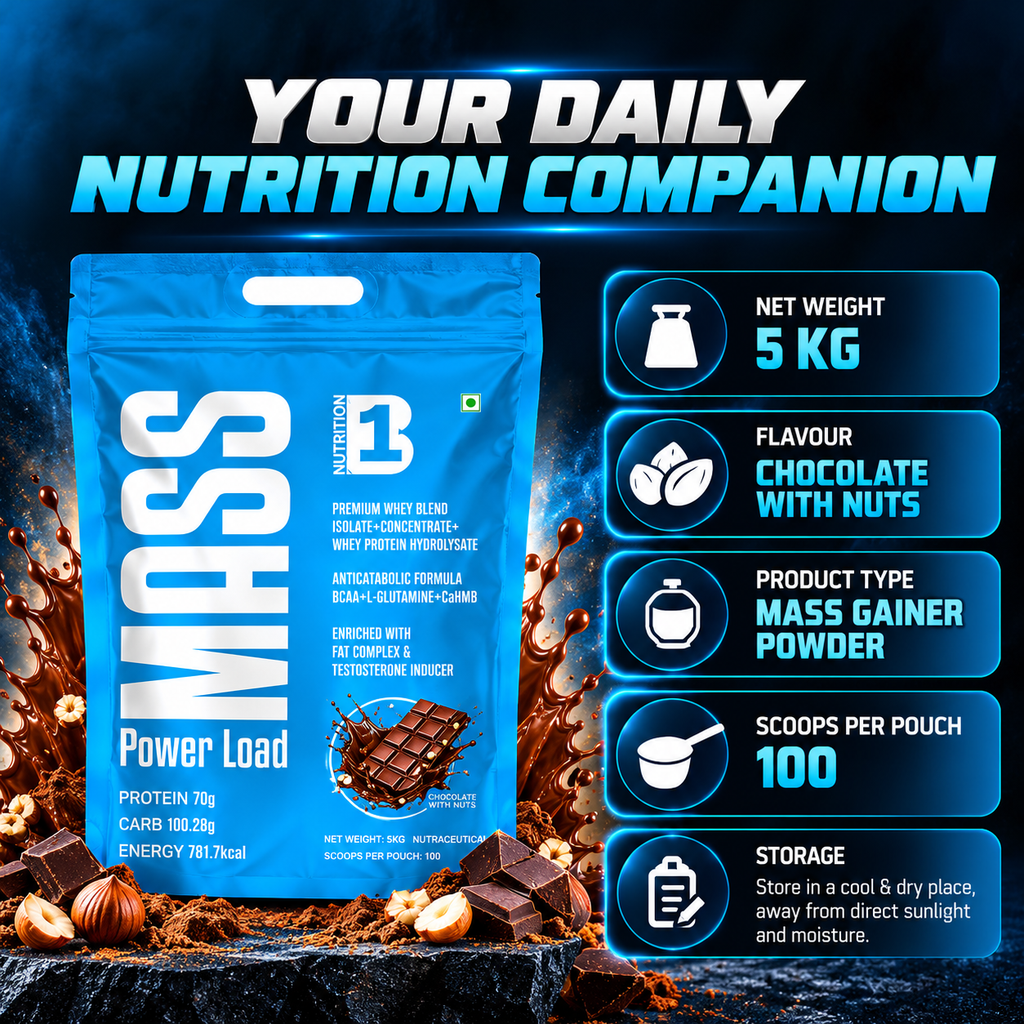 Nutrition B1 MASS Power Load Mass Gainer 5kg | 70g Protein & 781 kcal per Serving | Whey Isolate, Concentrate & Hydrolysate Blend | With Creatine, BCAA, Glutamine & CaHMB | Chocolate with Nuts | 25 Servings