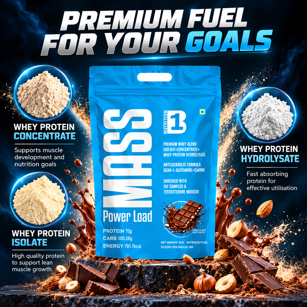 Nutrition B1 MASS Power Load Mass Gainer 5kg | 70g Protein & 781 kcal per Serving | Whey Isolate, Concentrate & Hydrolysate Blend | With Creatine, BCAA, Glutamine & CaHMB | Chocolate with Nuts | 25 Servings