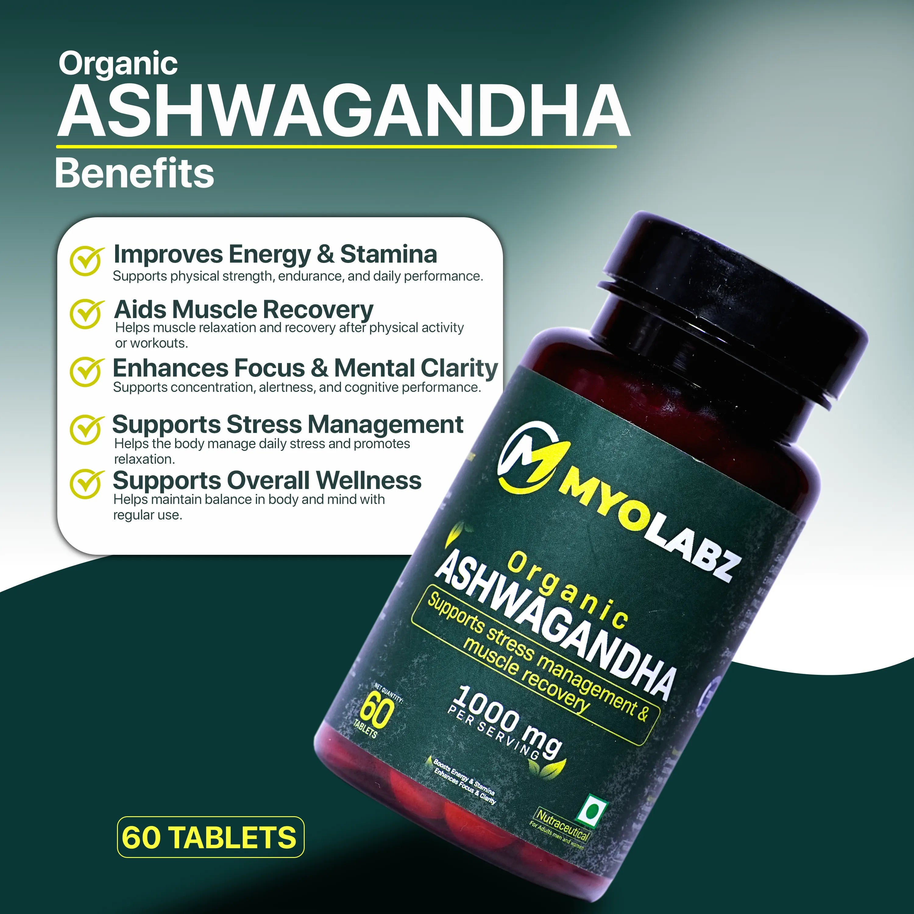 Myolabz Organic Ashwagandha Tablets (60 Tablets) | Supports Stress Management & Muscle Recovery