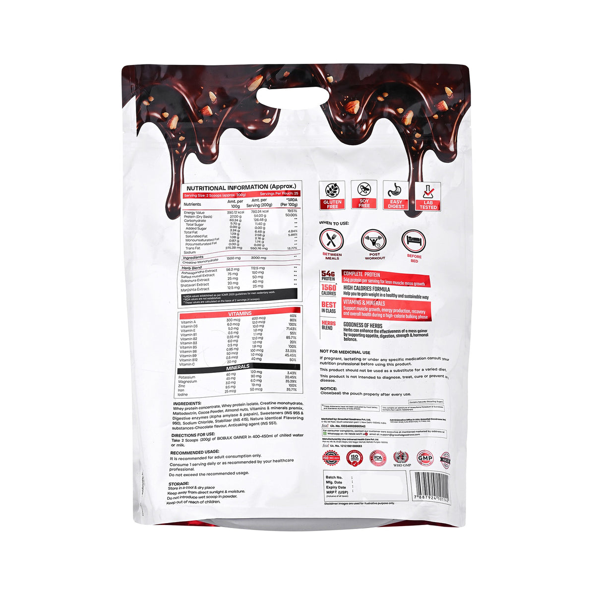 American Fit Labs BioBulk Gainer, Chocolate Almond, 5 kg (25 Servings) | 54g Protein & 3g Creatine per Serving | Whey Mass Gainer with Herbs, Vitamins, Minerals & Digestive Enzymes | 0g Added Sugar