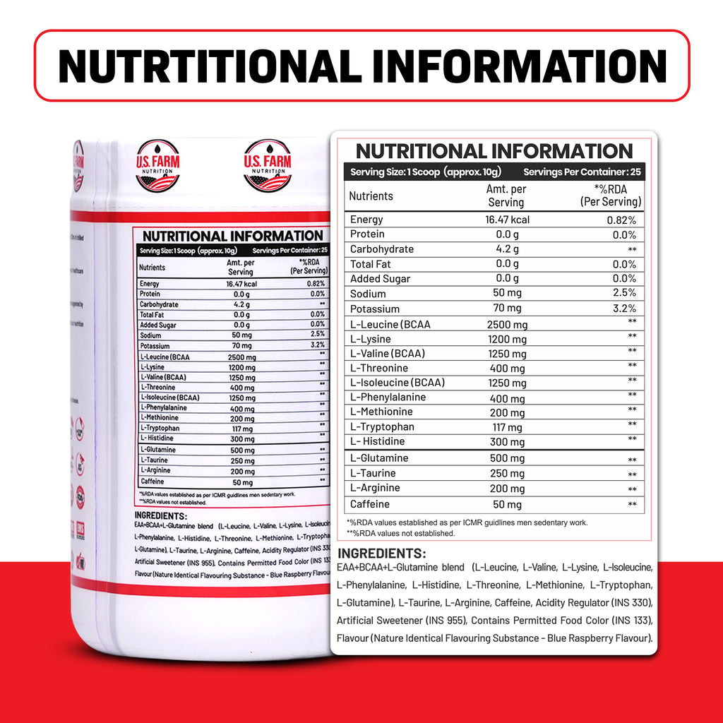 U.S. Farm Performance Stack – EAA + BCAA + Glutamine Powder & Creatine Monohydrate Powder with MyoLabz Organic Amla Tablets | Pre/Post Workout Supplement Combo for Muscle Recovery, Strength & Immunity | Pack of 3
