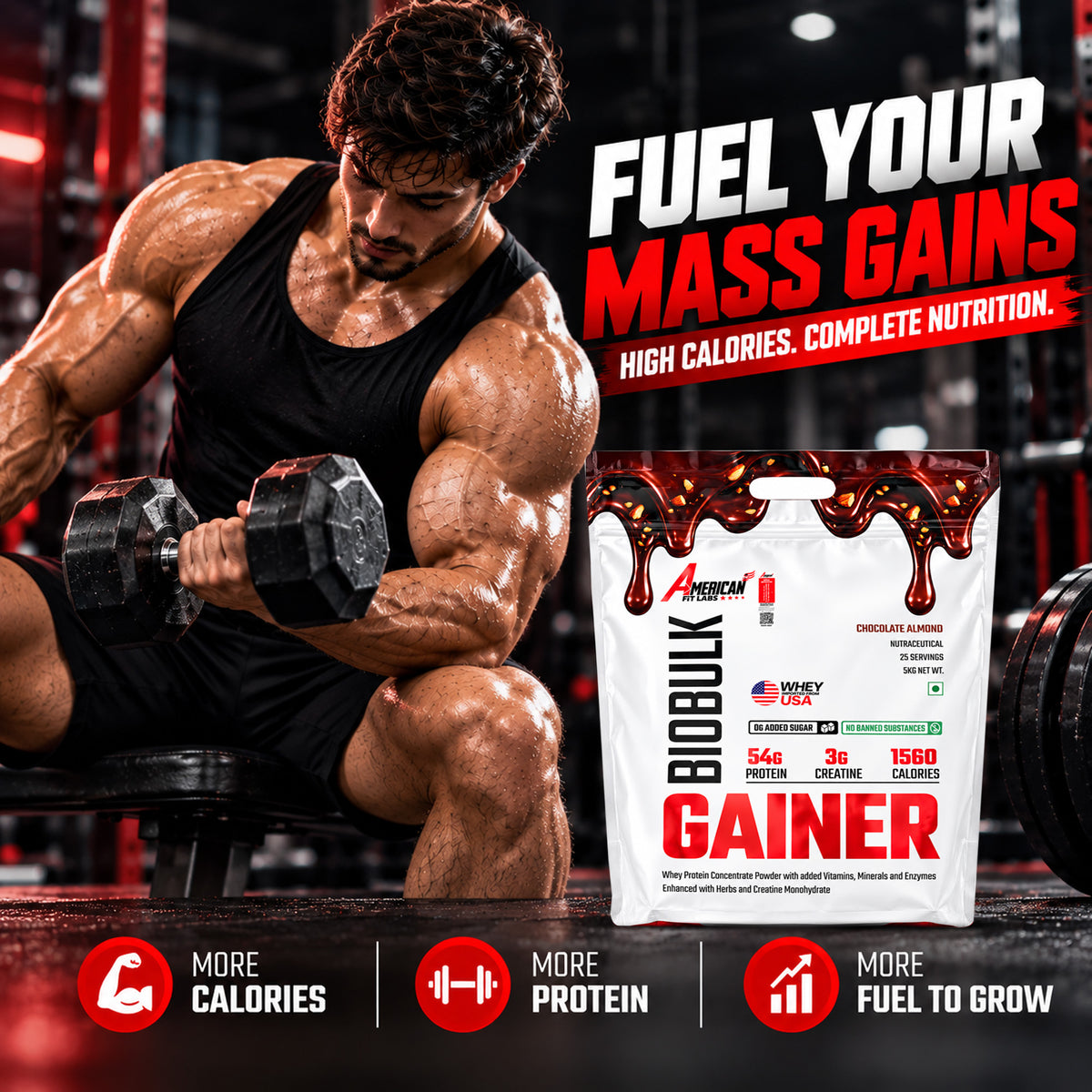 American Fit Labs BioBulk Gainer, Chocolate Almond, 5 kg (25 Servings) | 54g Protein & 3g Creatine per Serving | Whey Mass Gainer with Herbs, Vitamins, Minerals & Digestive Enzymes | 0g Added Sugar