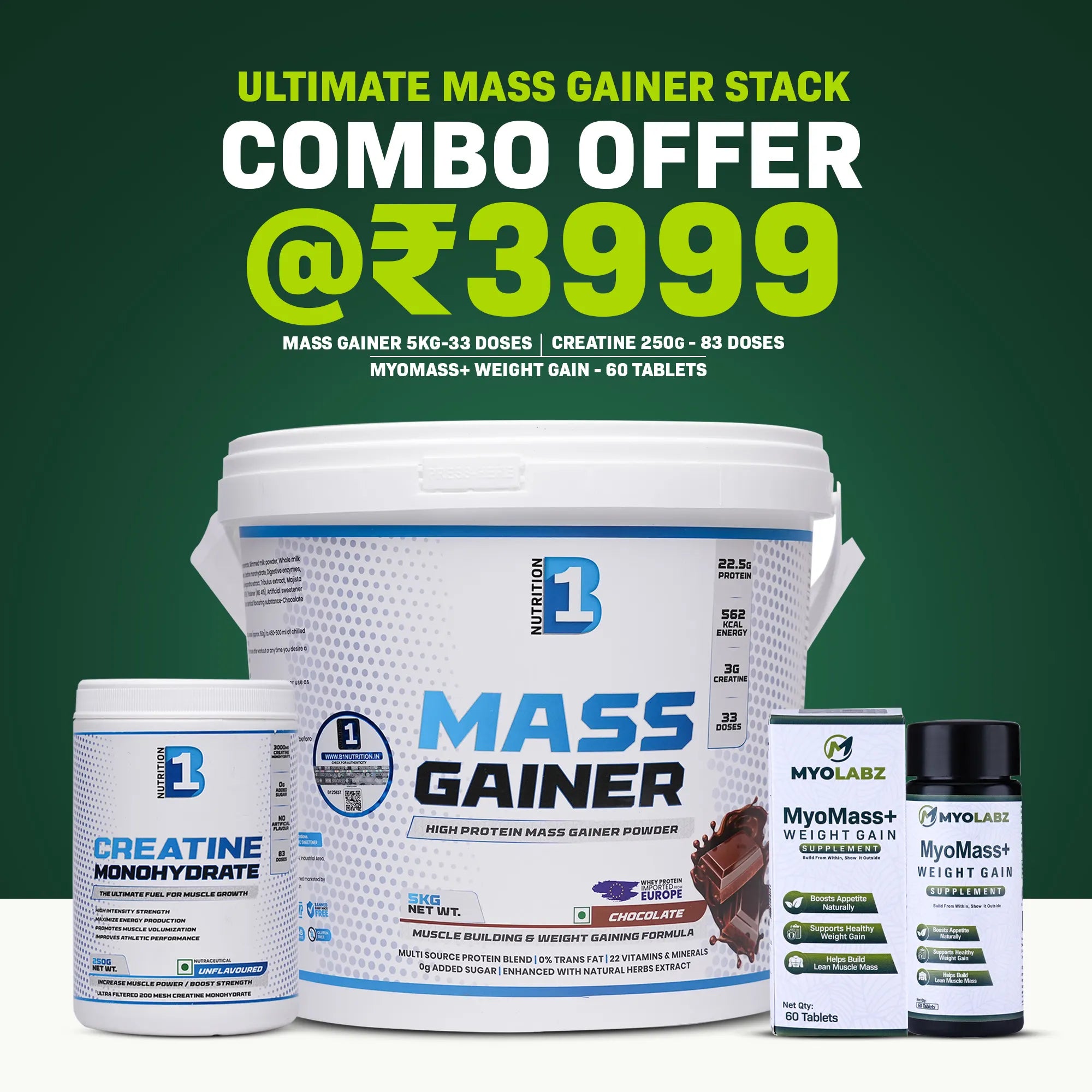 B1 Nutrition Ultimate Mass Gainer Combo Offer | Mass Gainer 5kg + Creatine 250g + MyoMass+ Tablets | Best Weight Gain Stack Deal Online India
