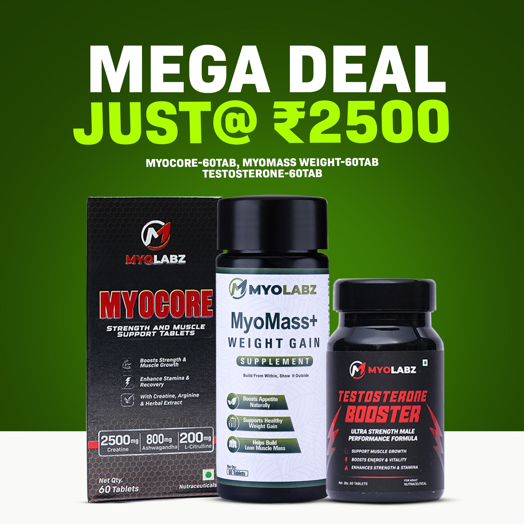 Mega Muscle Gain Combo | Myocore + MyoMass + Testosterone Booster