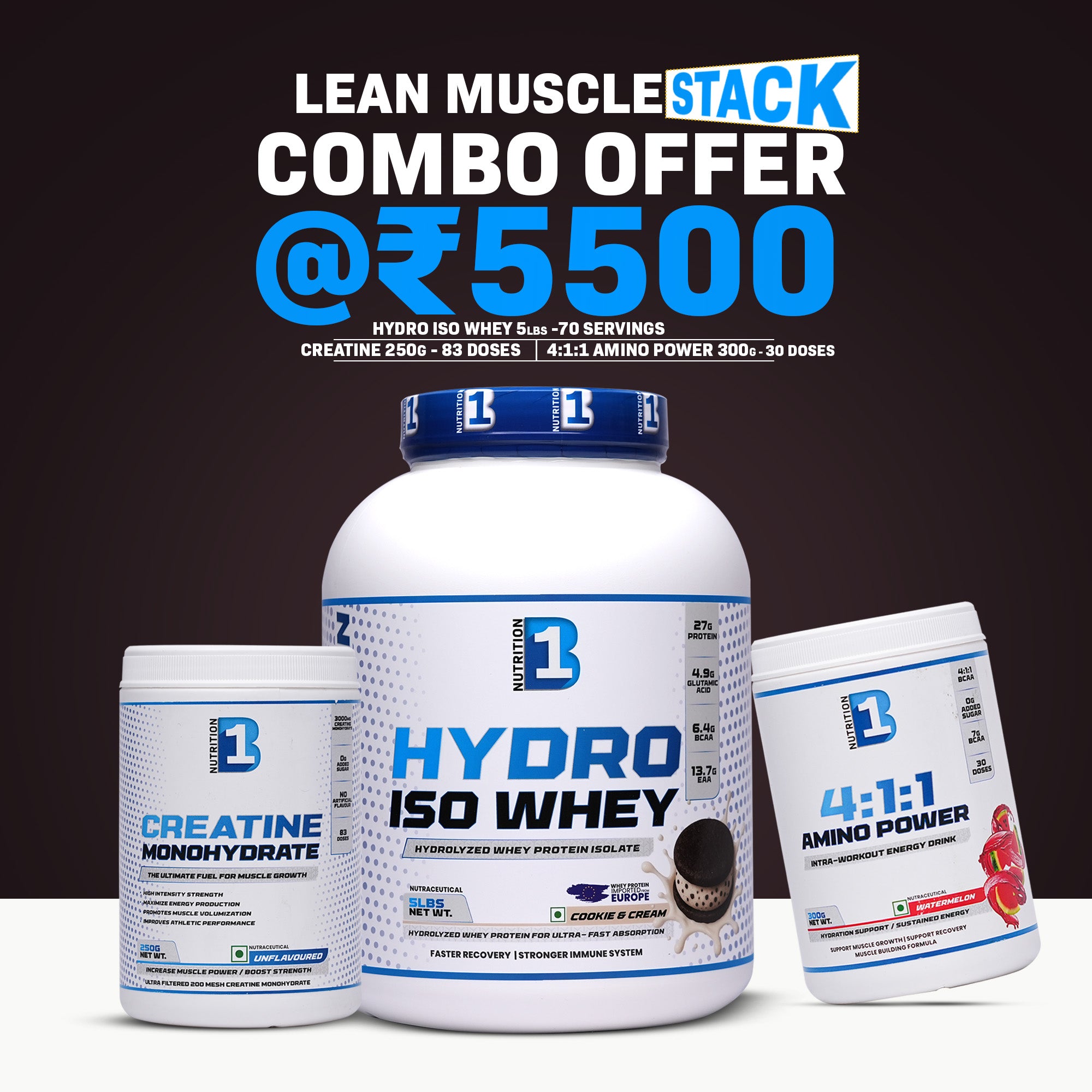 B1 Nutrition Lean Muscle Stack | Whey Isolate + Creatine + Amino