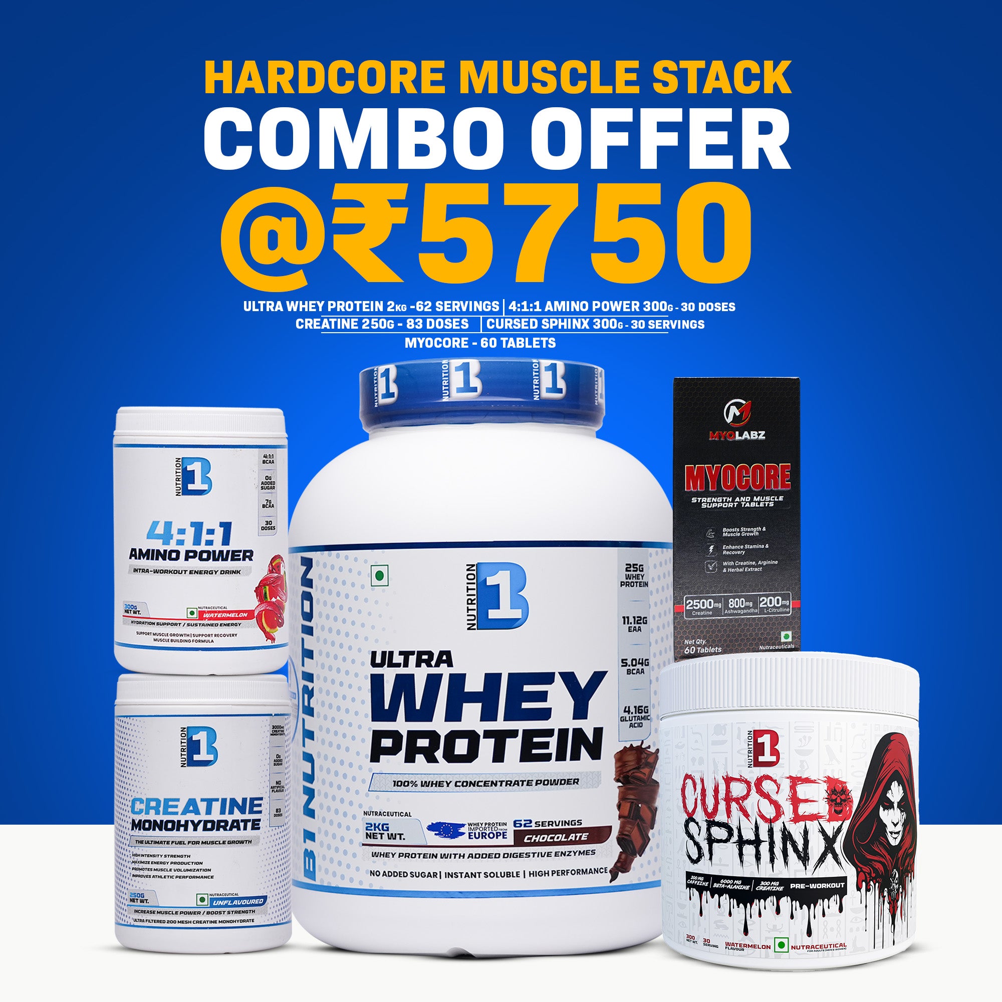 B1 Nutrition Hardcore Muscle Stack | Whey + Creatine + Amino + Pre-Workout + Myocore