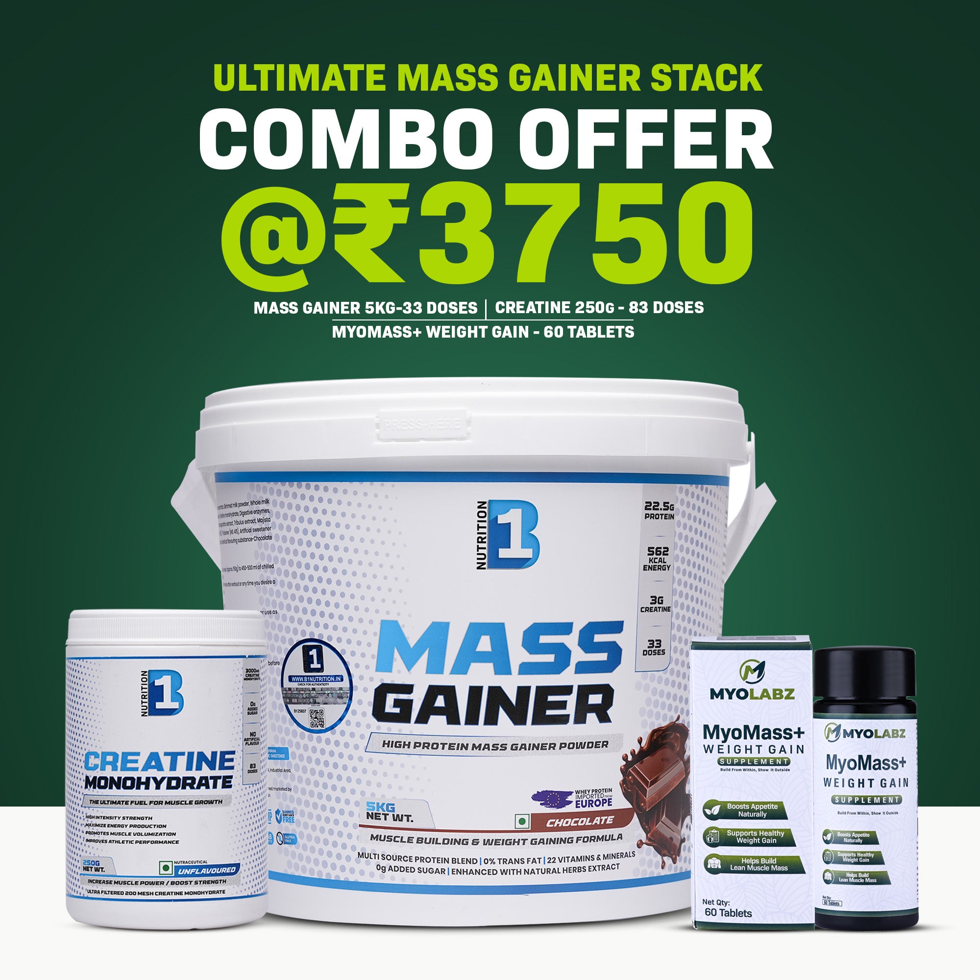 B1 Nutrition Ultimate Mass Gainer Combo 5kg + Creatine + MyoMass+