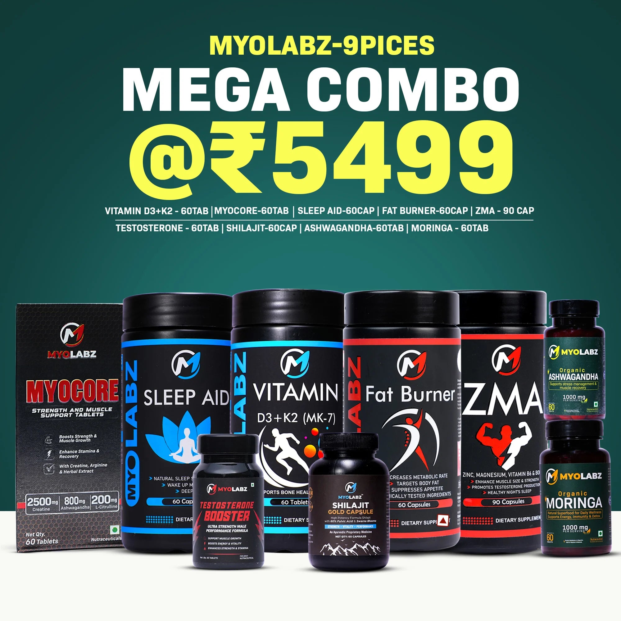 Myolabz Mega Health Stack | 9-in-1 Daily Wellness Combo Offer | Multivitamin + Omega-3 + Testosterone + ZMA + Shilajit + Ashwagandha + Moringa | Best Health Deal Online India