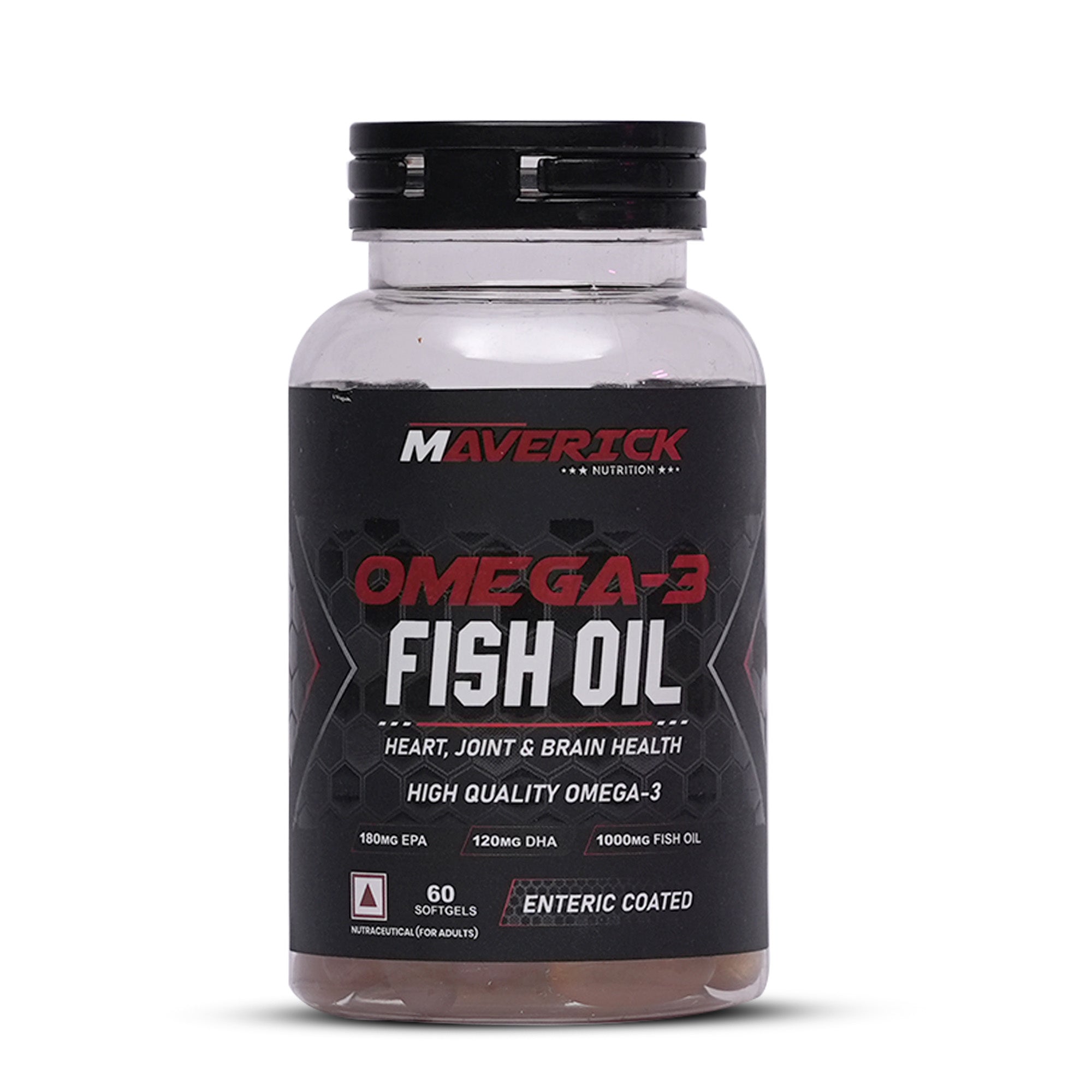 Maverick Nutrition Omega-3 Fish Oil (60 Softgels) | 1000 mg Fish Oil | 180 mg EPA + 120 mg DHA | Enteric Coated