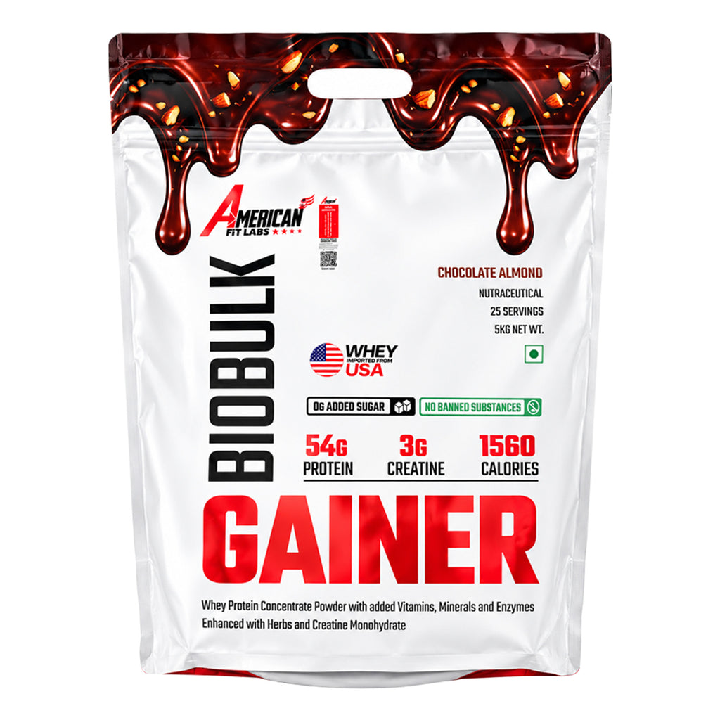 American Fit Labs BioBulk Gainer, Chocolate Almond, 5 kg (25 Servings) | 54g Protein & 3g Creatine per Serving | Whey Mass Gainer with Herbs, Vitamins, Minerals & Digestive Enzymes | 0g Added Sugar