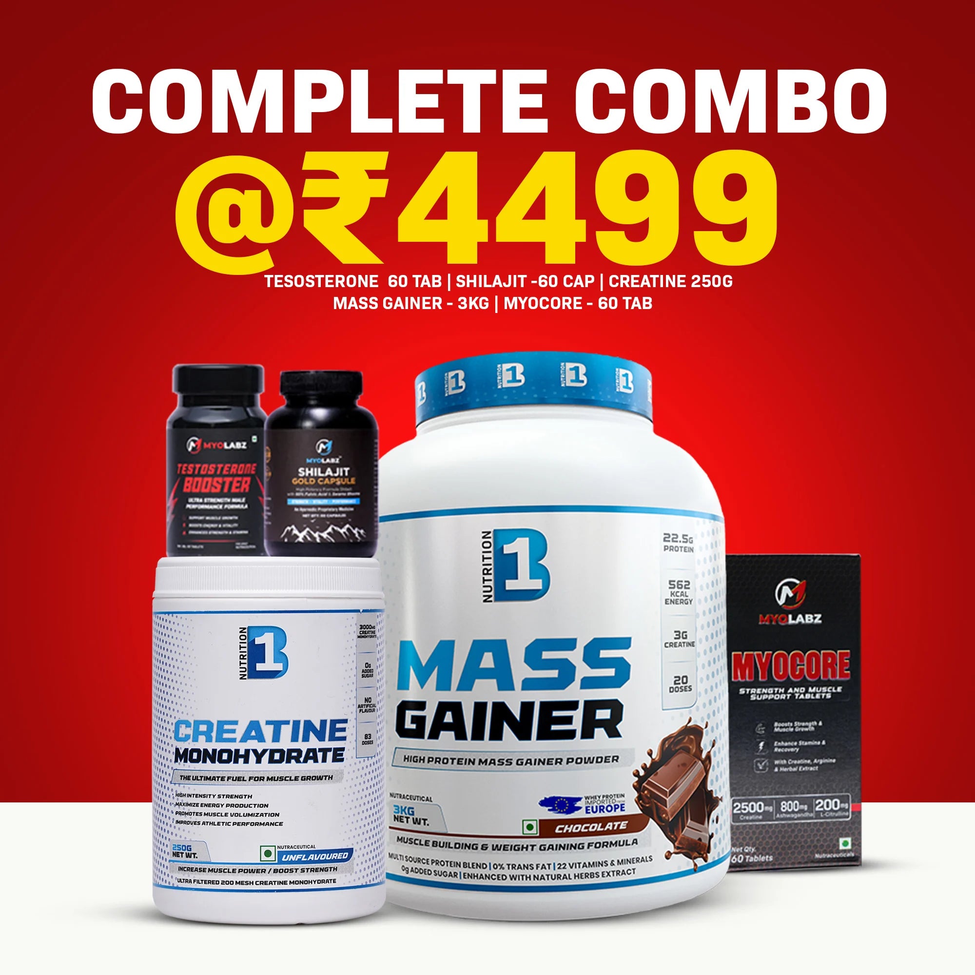 B1 Nutrition Complete Mass & Strength Stack Offer | Mass Gainer + Creatine + Testosterone Booster + Shilajit | Best Weight Gain Combo Deal Online India