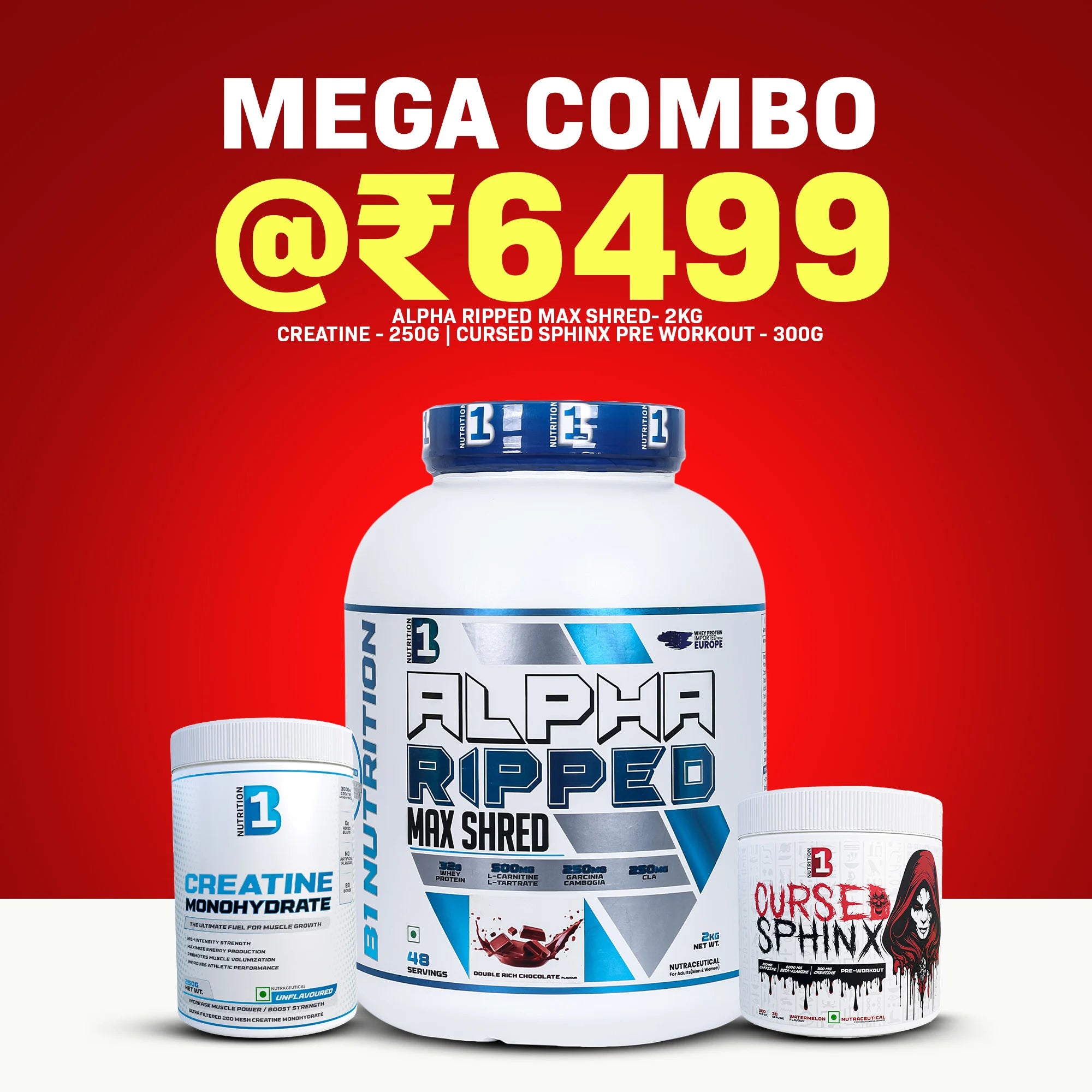 B1 Nutrition Alpha Ripped Shred Stack Offer | Whey + Creatine + Fat Burner + L-Carnitine + Pre-Workout | Best Cutting Combo Deal Online India