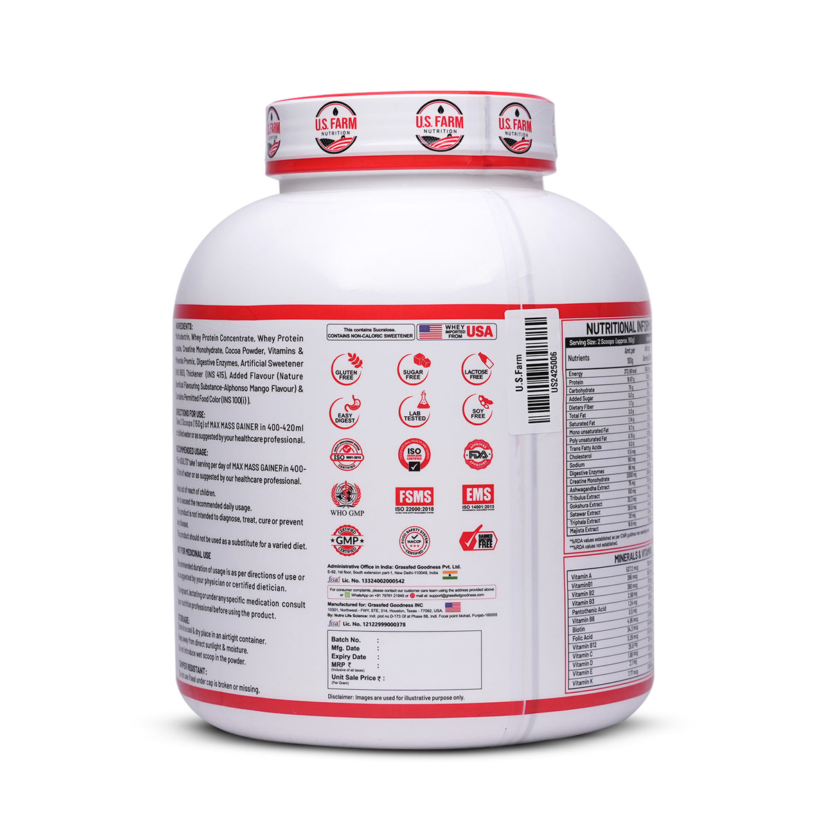 18-PRODUCT US FARM MANGO MUSCLE + MASS MEGA DEAL — US Farm Muscle Whey 2 KG (Alphonso Mango) × 2 • US Farm Max Mass Gainer 2.7 KG (Alphonso Mango) × 4 • MYOLABZ MyoMass+ Weight Gain 60 Tablets × 6 • MYOLABZ Regular/Grey Multivitamin 60 Tablets × 6
