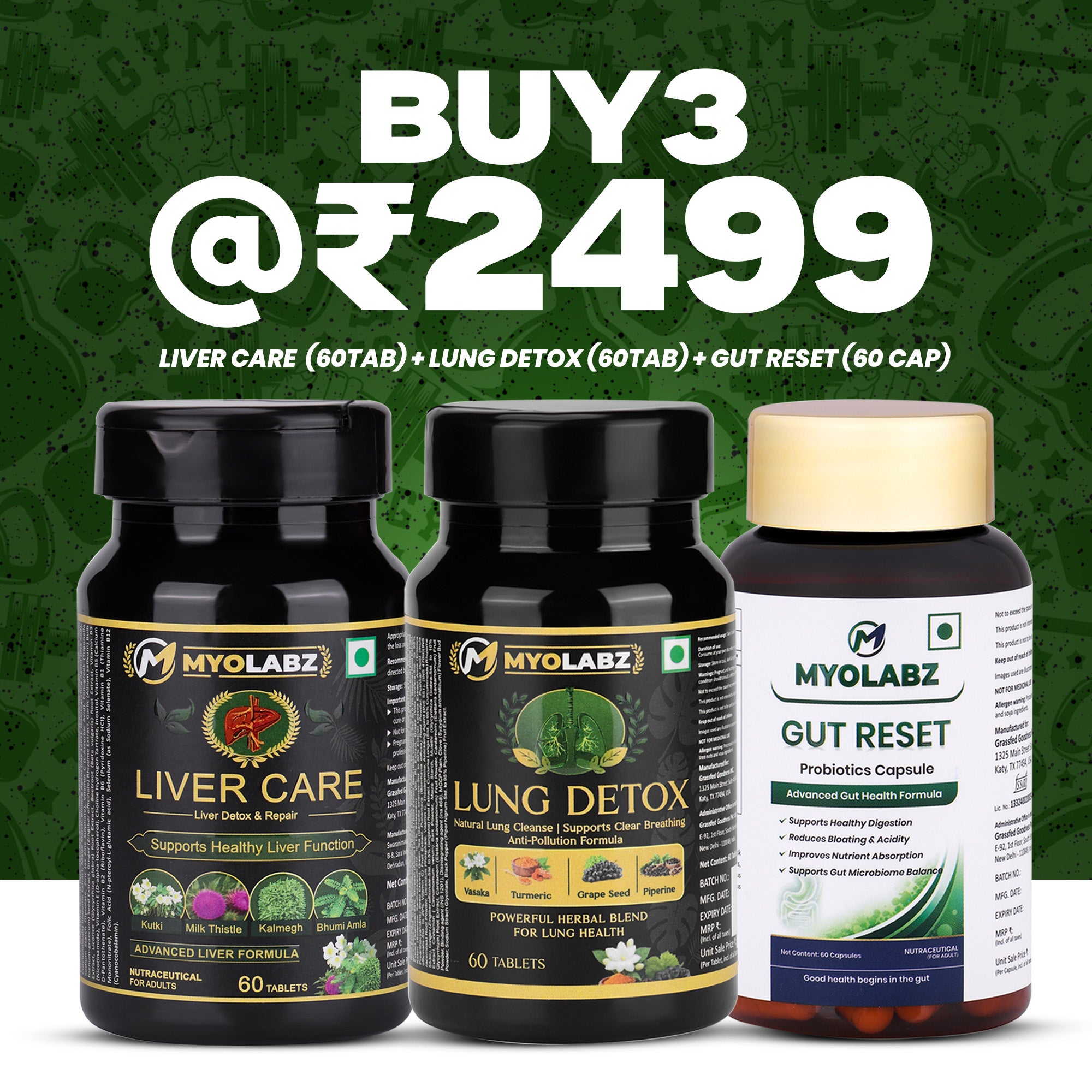 Myolabz Detox & Gut Health Combo - Liver Care, Lung Detox and Gut Reset Probiotics wellness stack, online India