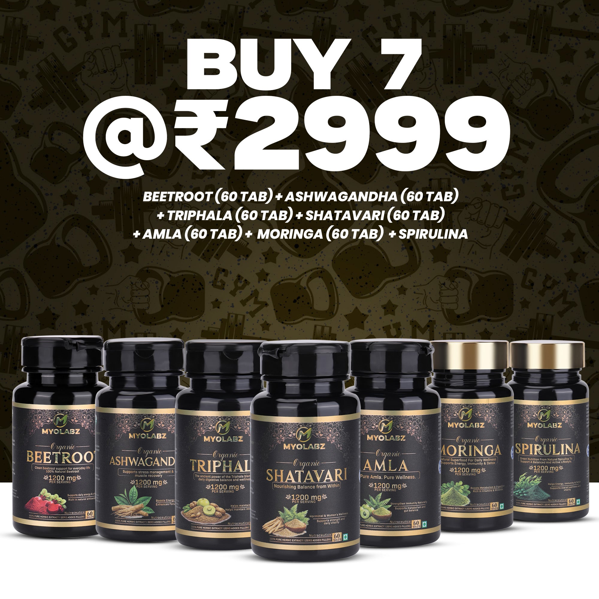 Myolabz Organic Wellness Super Combo - Beetroot, Ashwagandha, Triphala, Shatavari, Amla, Moringa, Spirulina herbal stack, online India