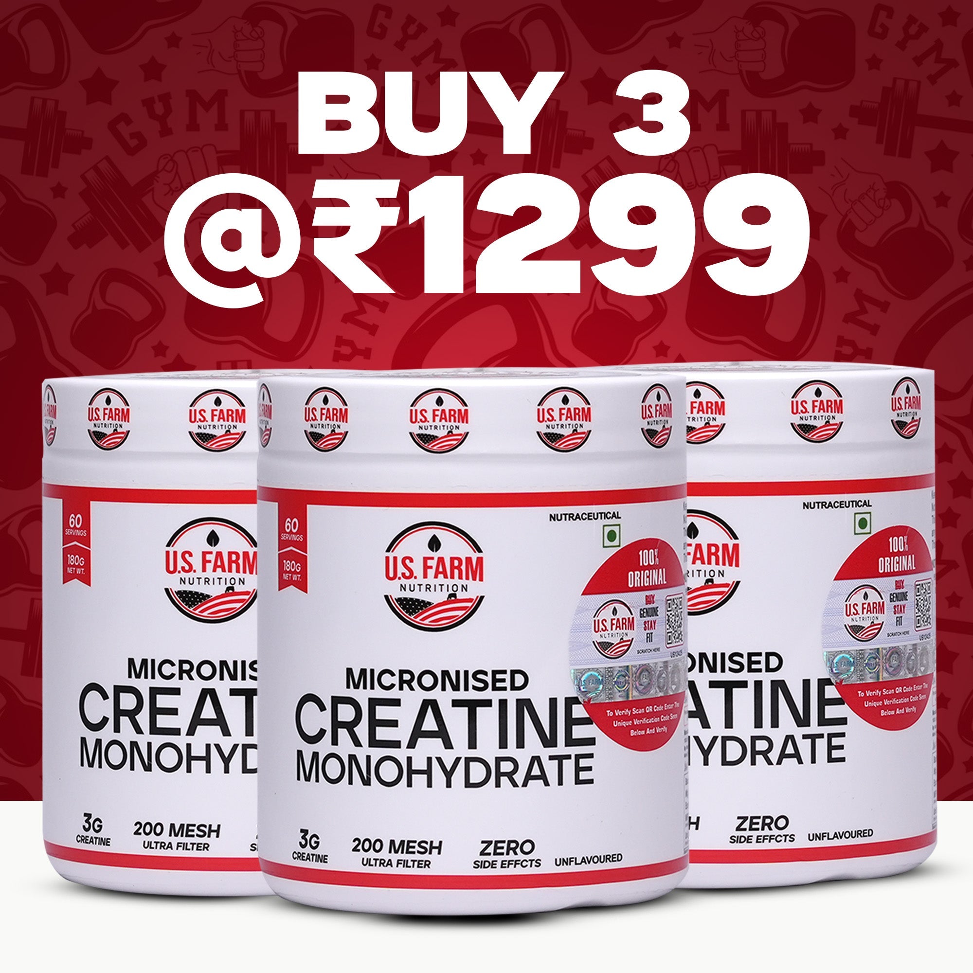 U.S. Farm Nutrition Micronised Creatine Monohydrate Combo Pack - Buy 3 unflavoured creatine jars for strength and recovery, online India