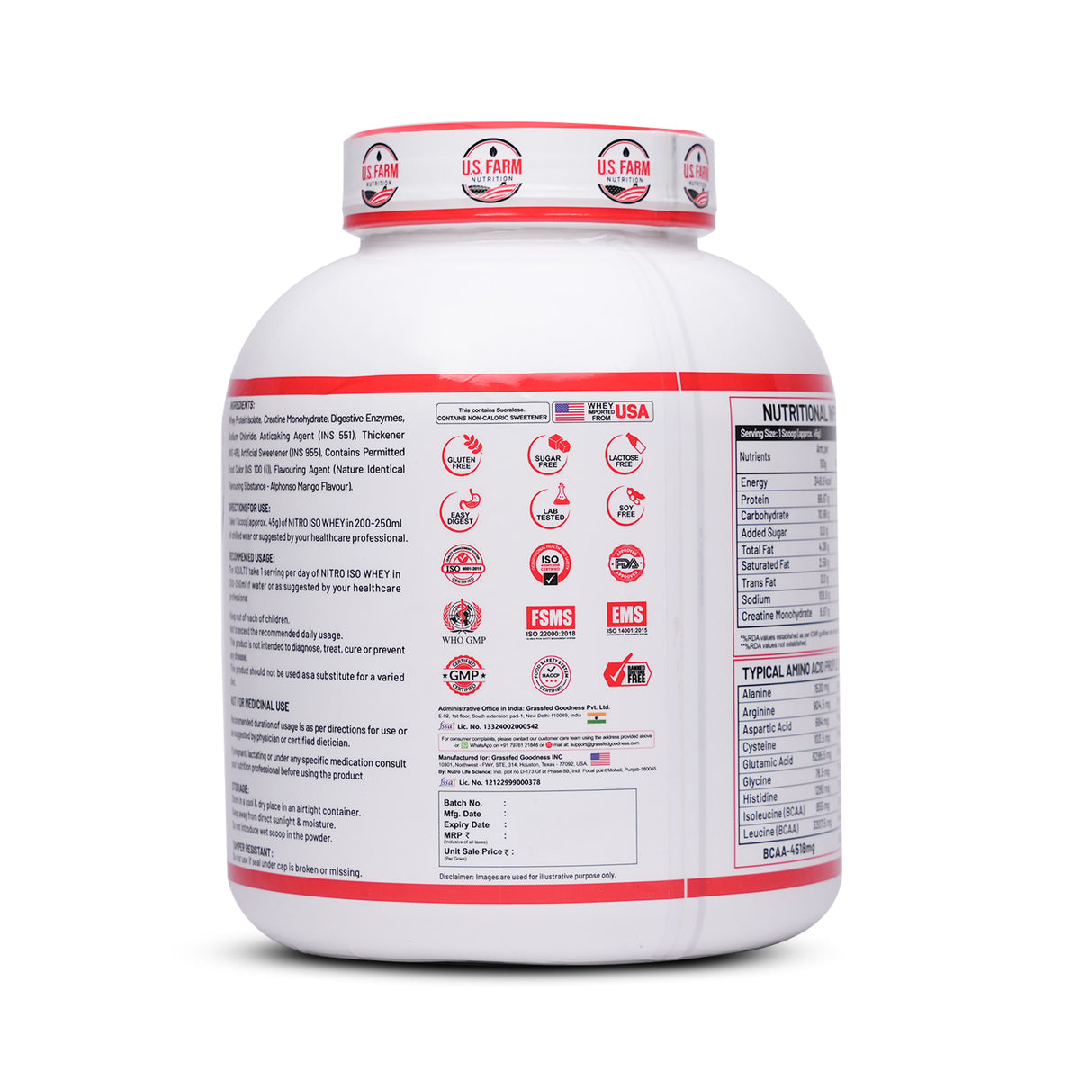 8-PRODUCT Big Tub Protein Clearance — American Fit Labs Explosive Nitro Whey 2 KG × 3 • U.S. Farm Nitro Iso Whey 4 LBS × 2 • Maverick Anabolic Whey Nitro 2 KG × 1 • A5 Massive Lean Gainer 4 KG × 2