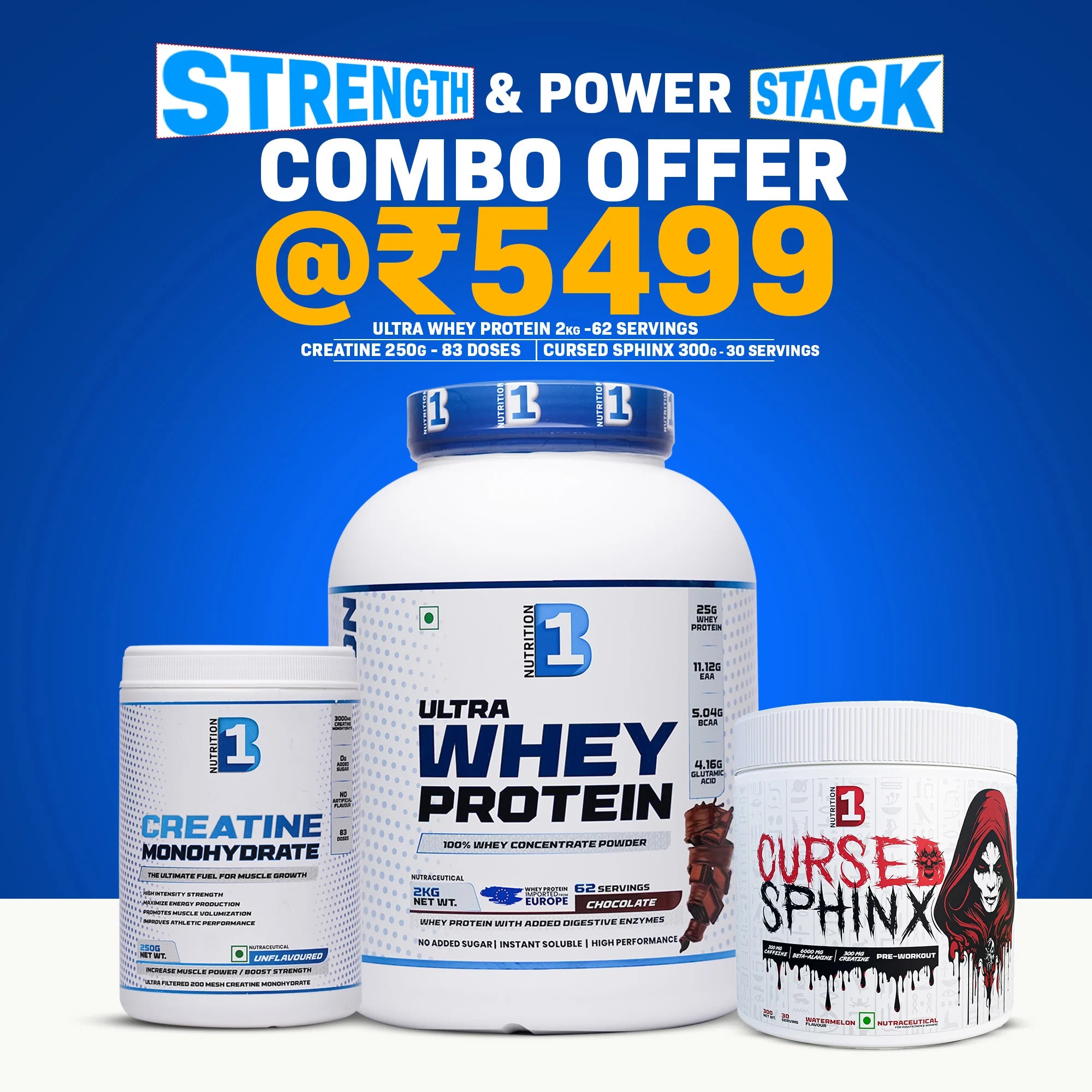 B1 Nutrition Strength & Power Stack Offer | Ultra Whey 2kg + Creatine 250g + Cursed Sphinx Pre-Workout 300g | Best Strength Combo Deal Online India