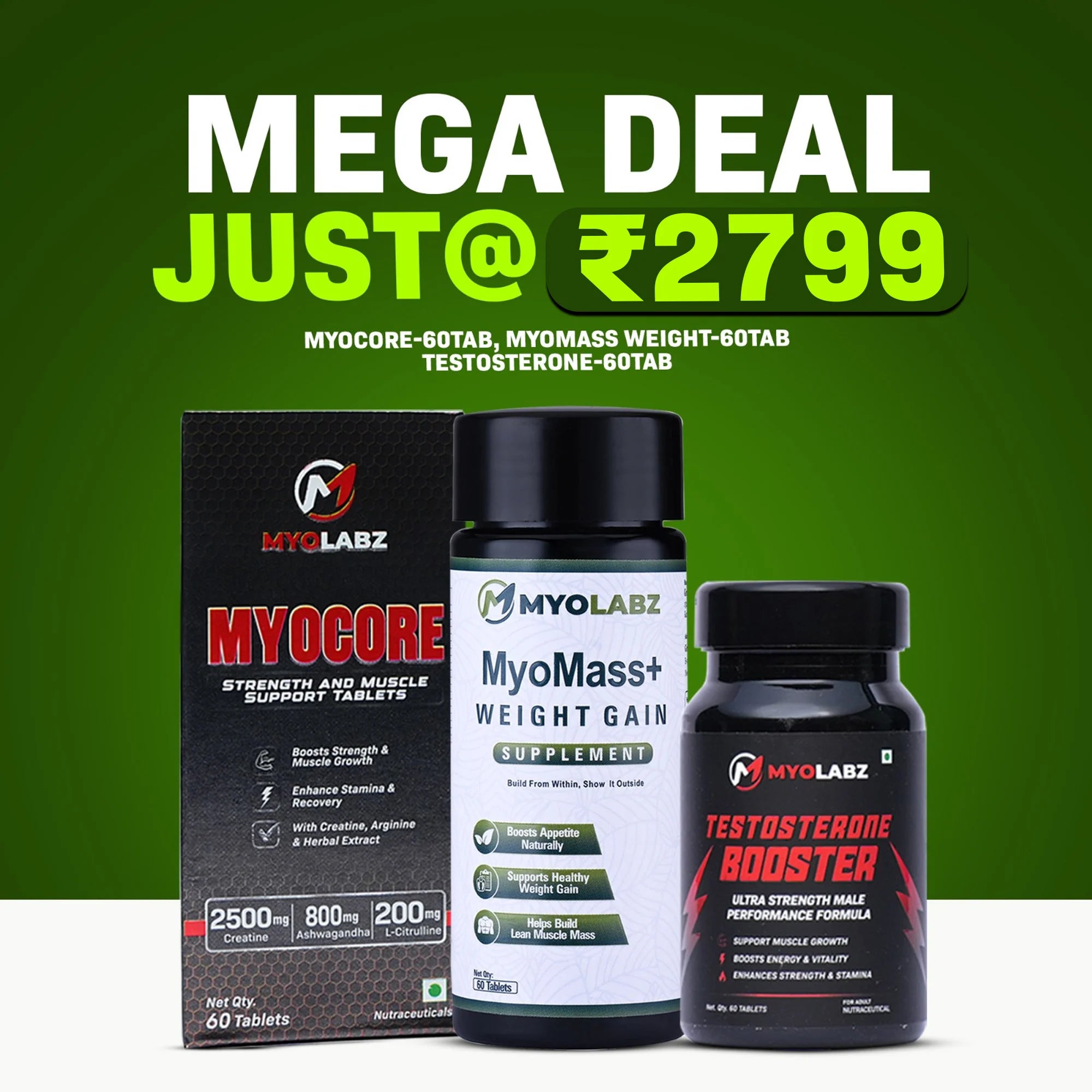 Myolabz Mega Muscle Gain Combo Offer | Myocore + MyoMass+ + Testosterone Booster Tablets | Best Weight Gain Tablet Stack Online India