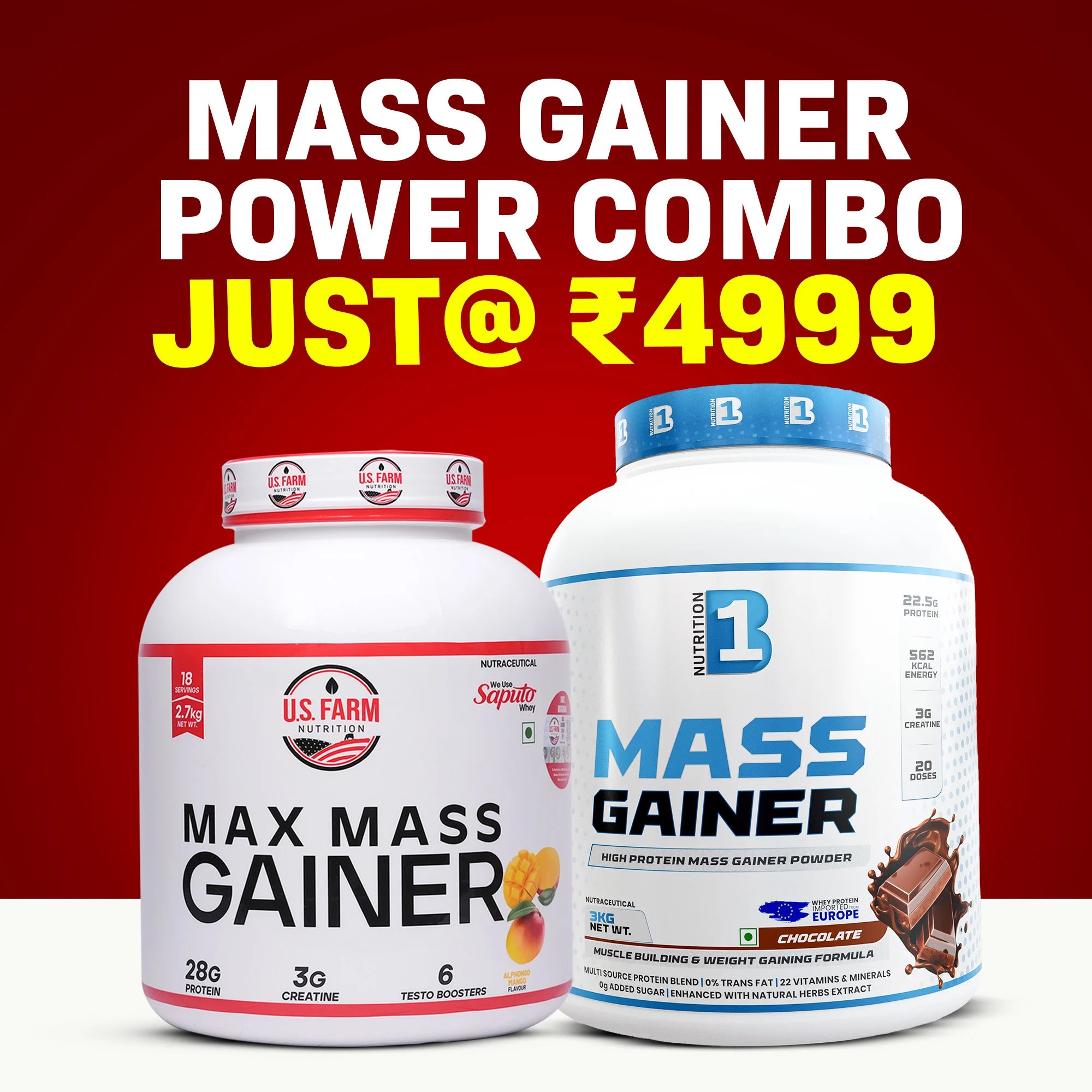 Mass Gainer Combo for Hardgainers — B1 Mass Gainer 3kg + US Farm Max Mass 2.7kg (Save ₹1,250)